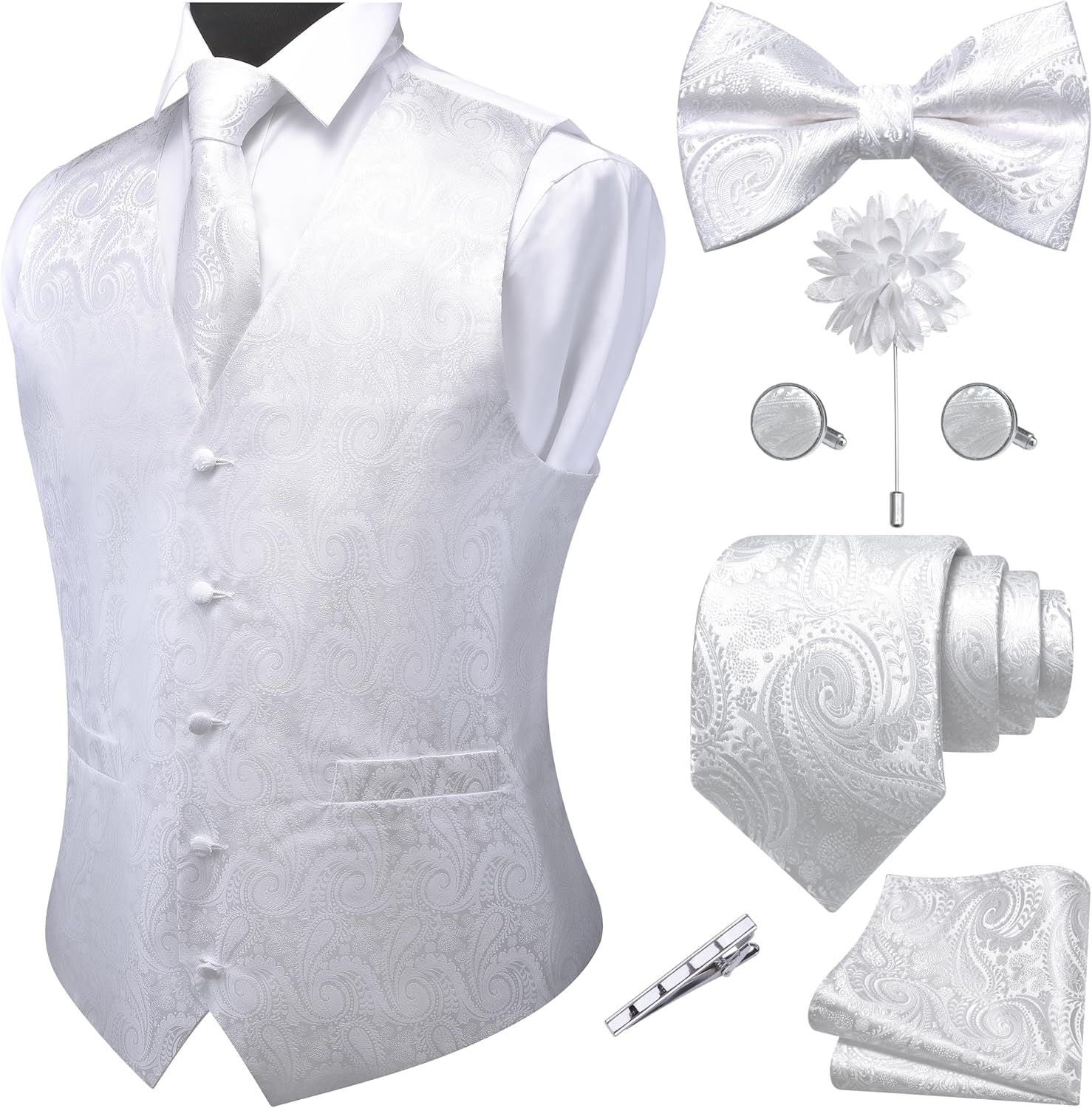 Men's Seven-Piece Suit Vest Set - Paisley Jacquard V-Neck Waistcoat with Tie, Bow Tie and Hanky - Small