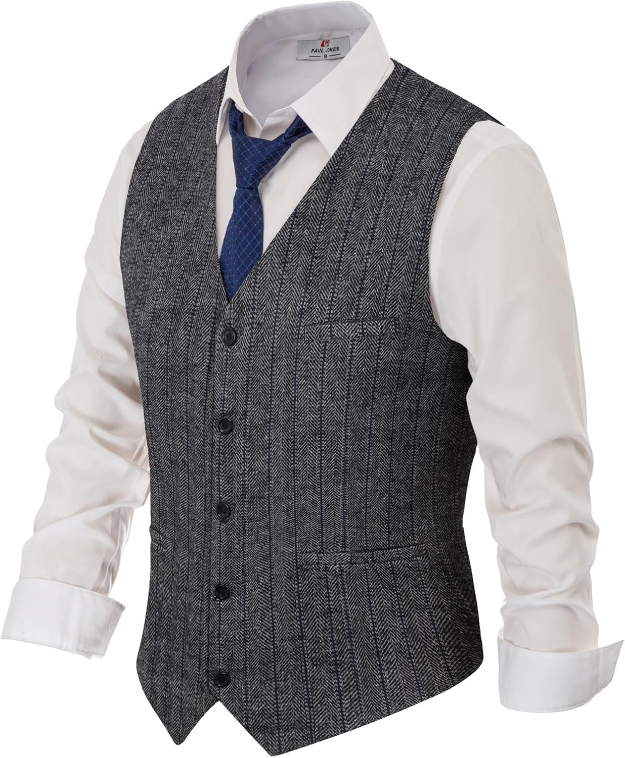 Men's Tweed Suit Vest - Vintage Herringbone Wool-Blend Waistcoat with V Neck and Five Buttons - Medium