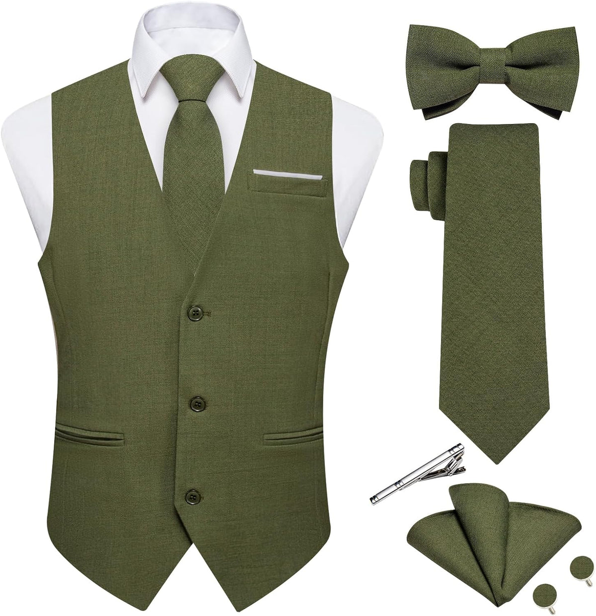 Men's Linen Suit Vest Set - Six-Piece Solid Waistcoat with Tie and Bow Tie for Weddings and Prom - Small