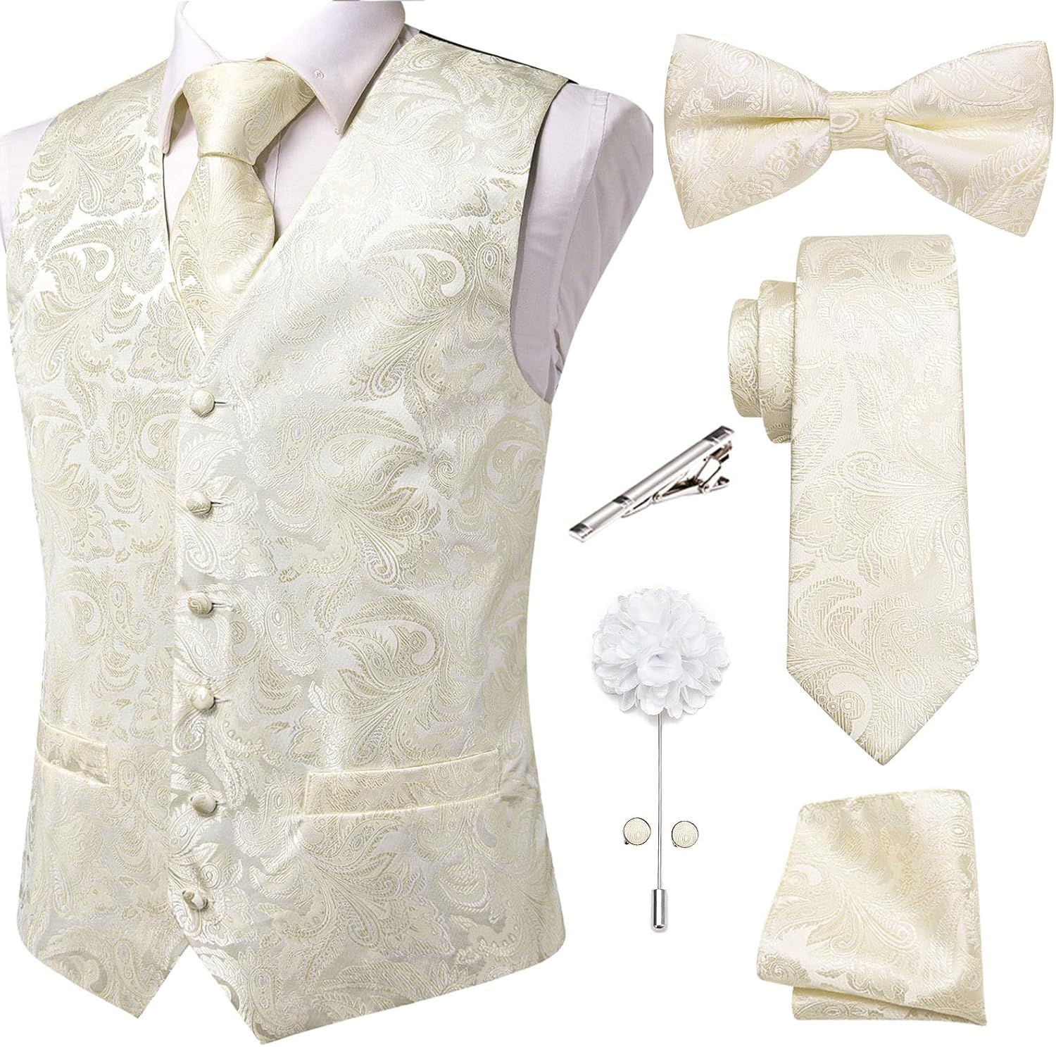 Men's Silk Jacquard Suit Vest Set - Five-Piece Slim Fit Waistcoat, Tie and Bow Tie for Weddings - Large