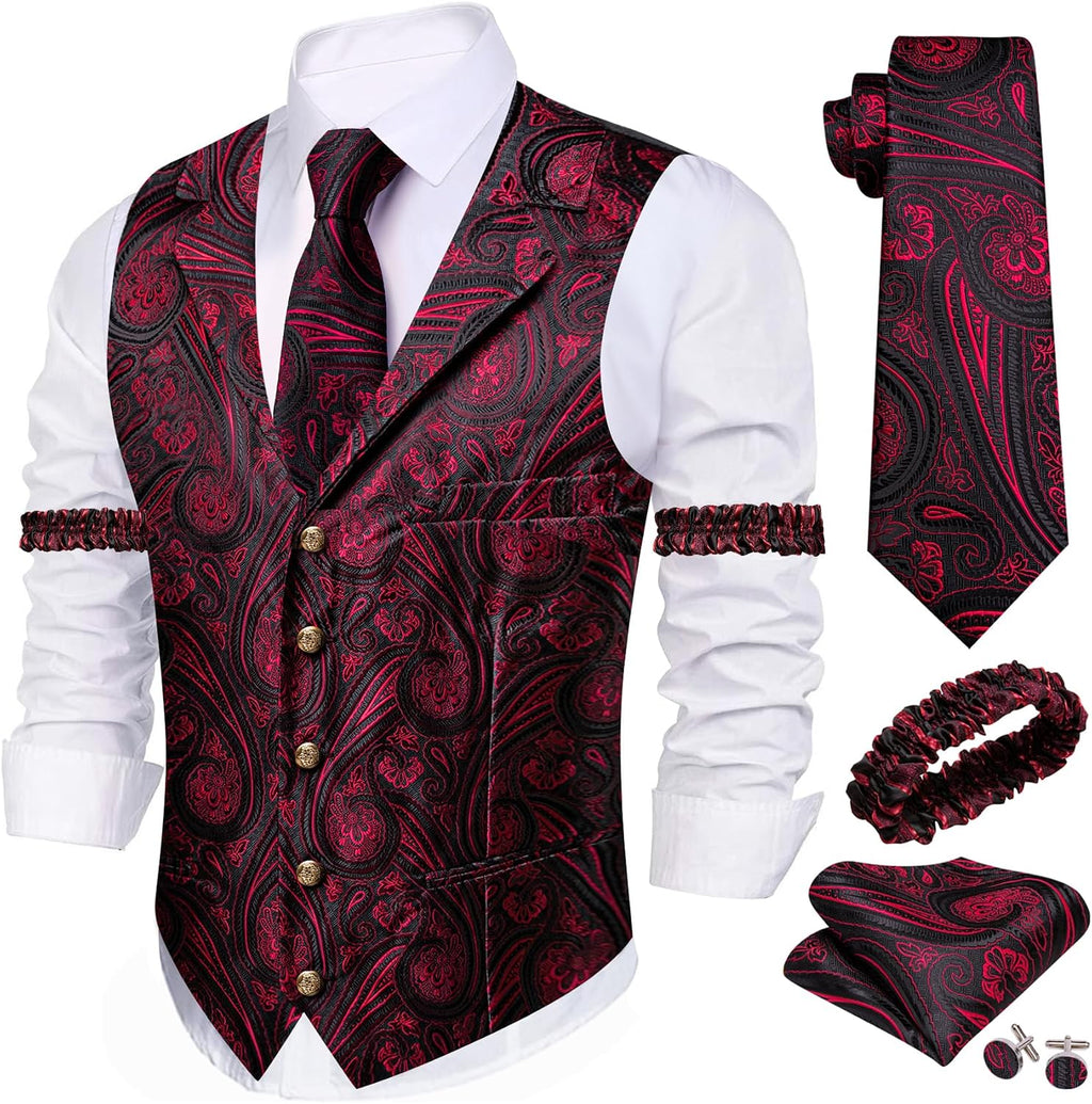 Men's Silk Paisley Suit Vest Set - Five-Piece Shawl Collar Waistcoat with Tie, Handkerchief and Cufflinks - Large (26)