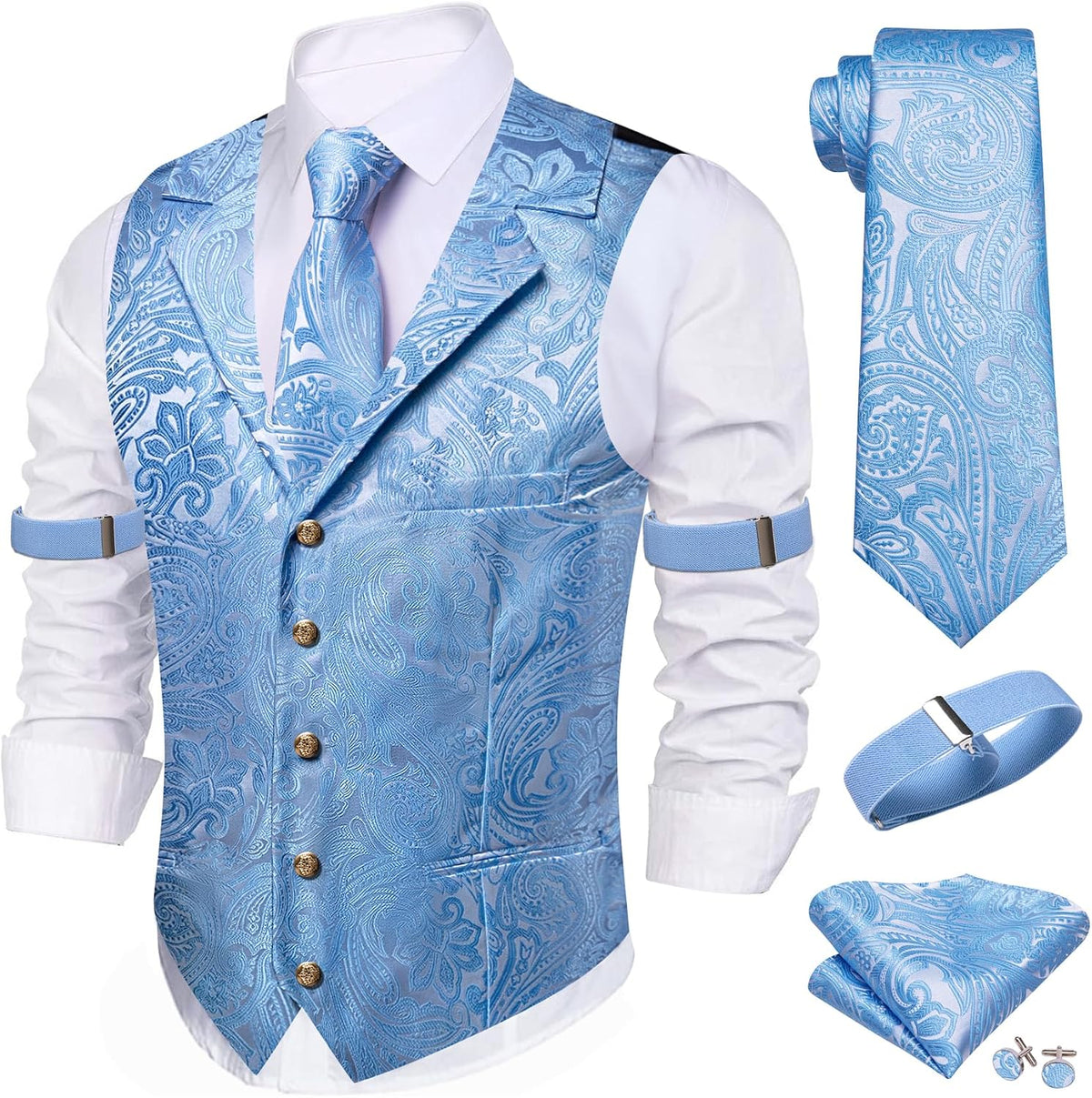 Men's Silk Paisley Suit Vest Set - Five-Piece Shawl Collar Waistcoat with Tie, Handkerchief and Cufflinks - XX-Large