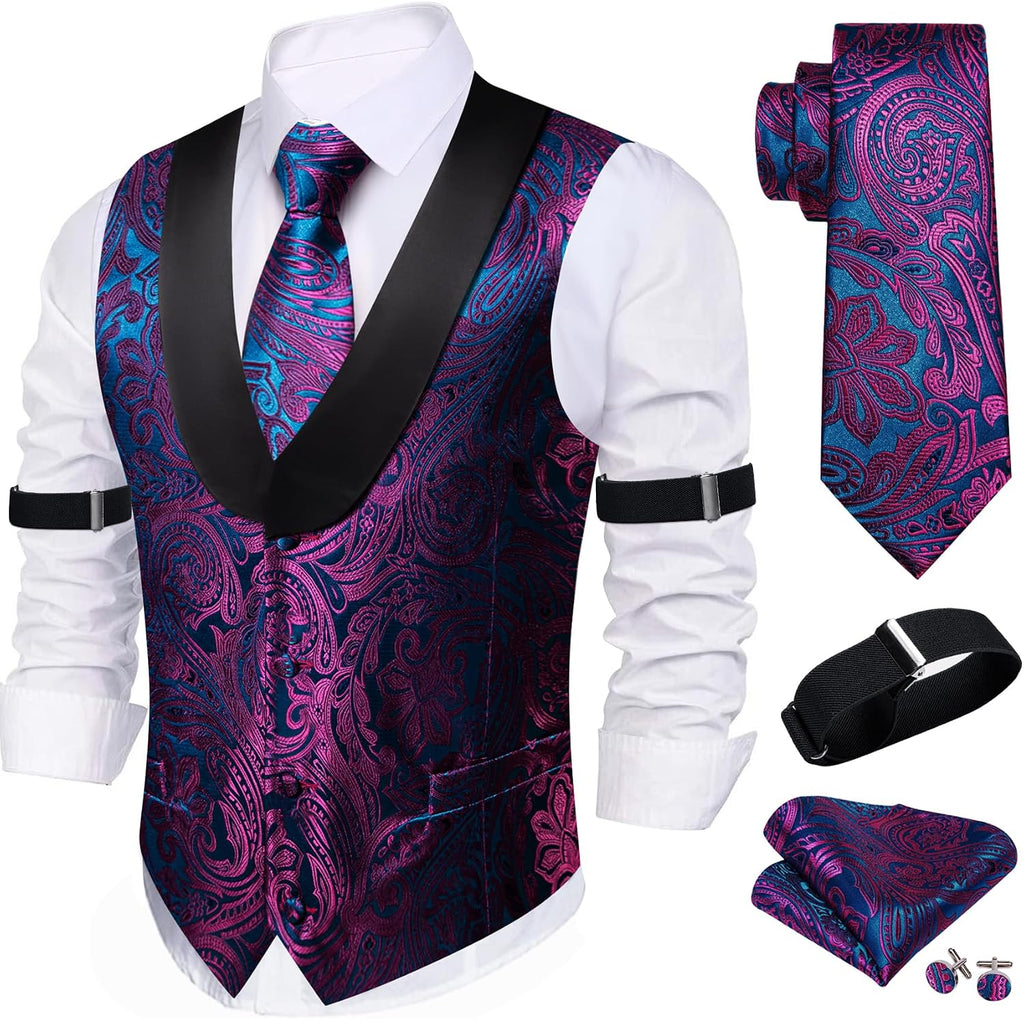 Men's Silk Paisley Suit Vest Set - Five-Piece Shawl Collar Waistcoat with Tie, Handkerchief and Cufflinks - Medium
