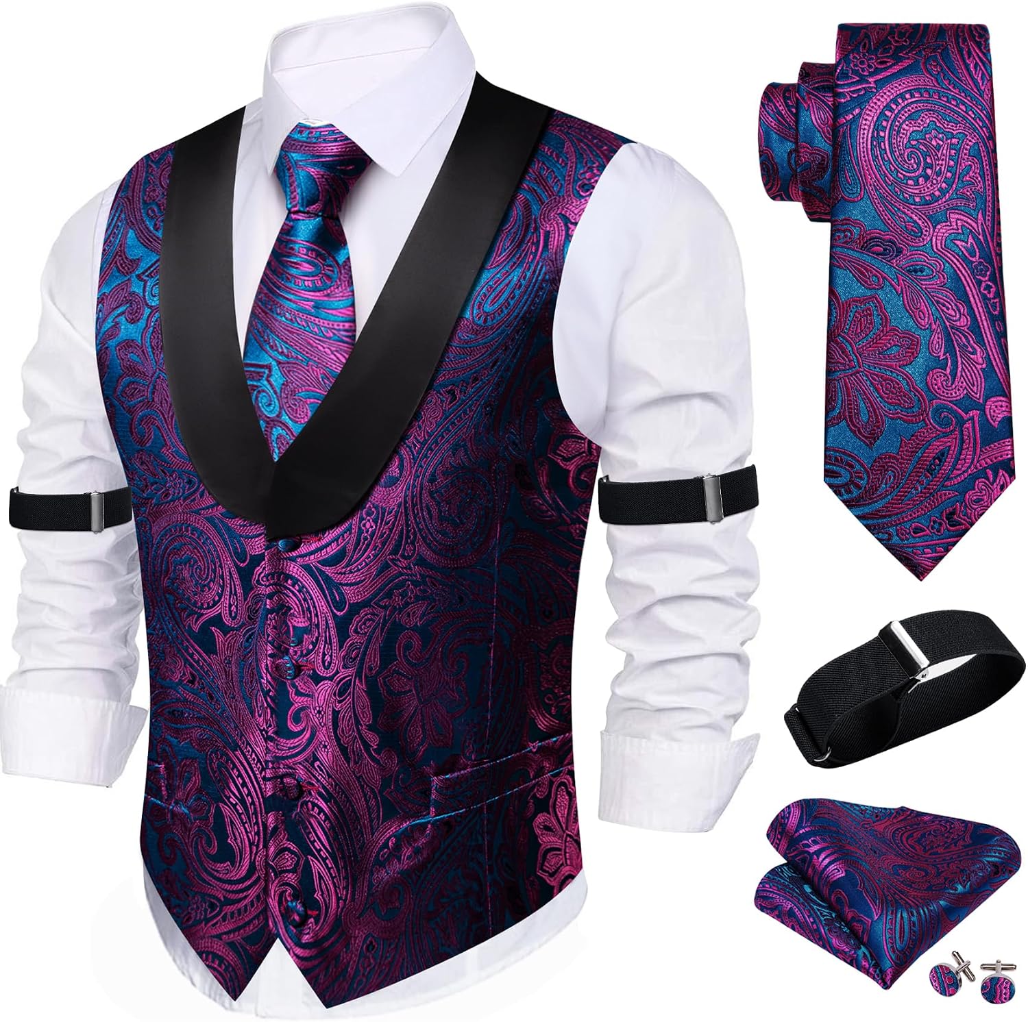 Men's Silk Paisley Suit Vest Set - Five-Piece Shawl Collar Waistcoat with Tie, Handkerchief and Cufflinks - Medium