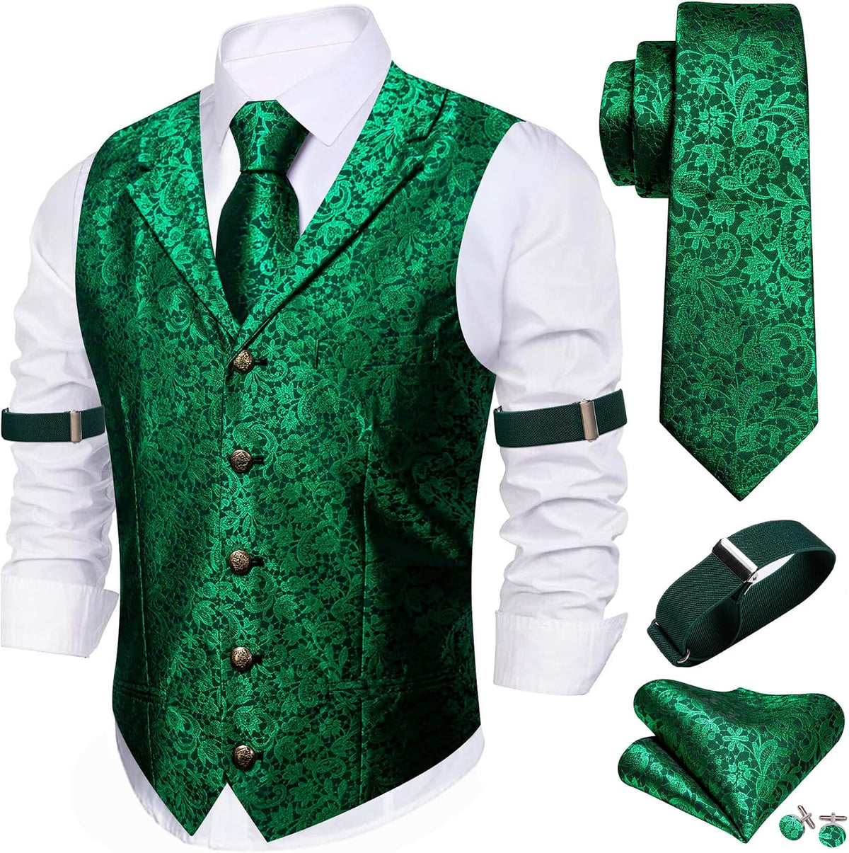 Men's Silk Paisley Suit Vest Set - Five-Piece Shawl Collar Waistcoat with Tie, Handkerchief and Cufflinks - Large