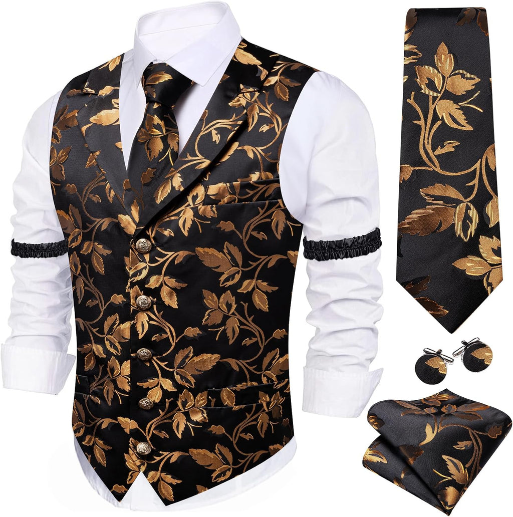 Men's Silk Paisley Suit Vest Set - Five-Piece Shawl Collar Waistcoat with Tie, Handkerchief and Cufflinks - Large
