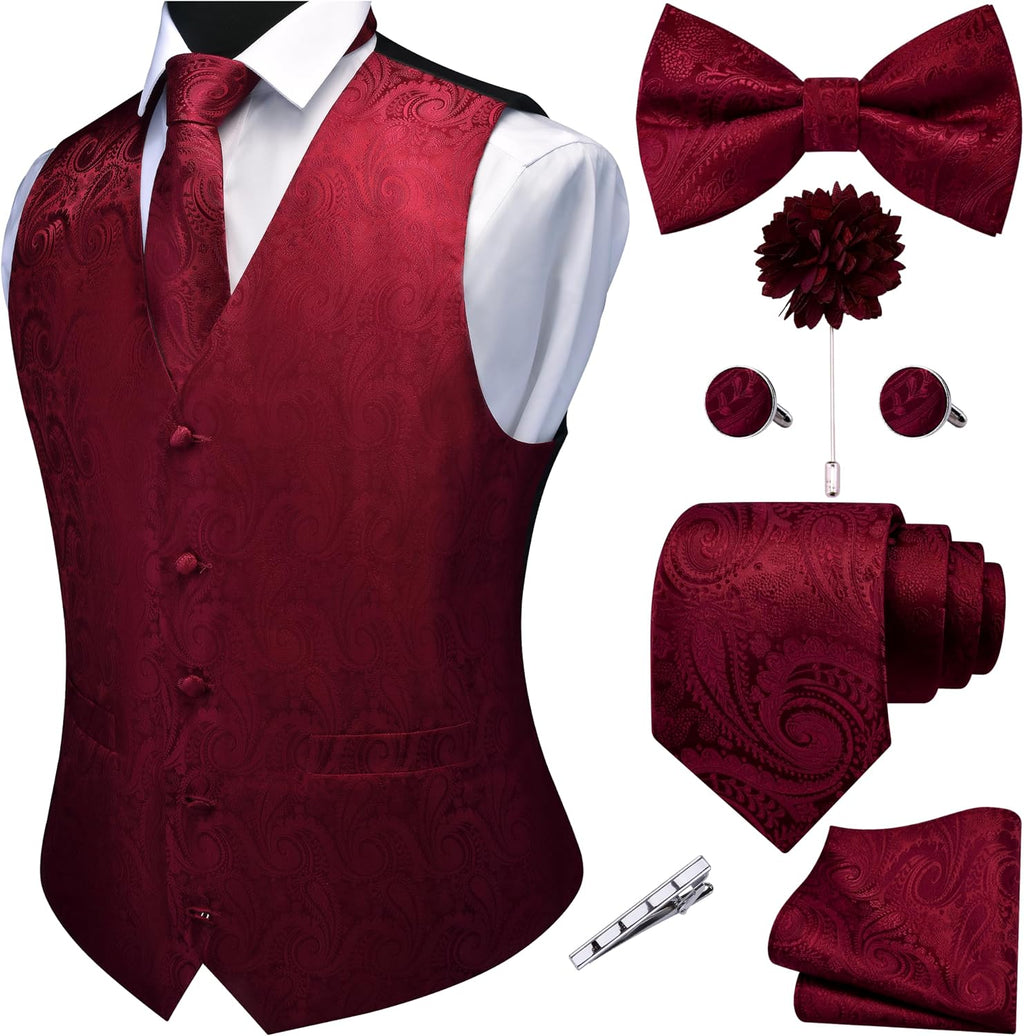 Men's Seven-Piece Suit Vest Set - Paisley Jacquard V-Neck Waistcoat with Tie, Bow Tie and Hanky - Large
