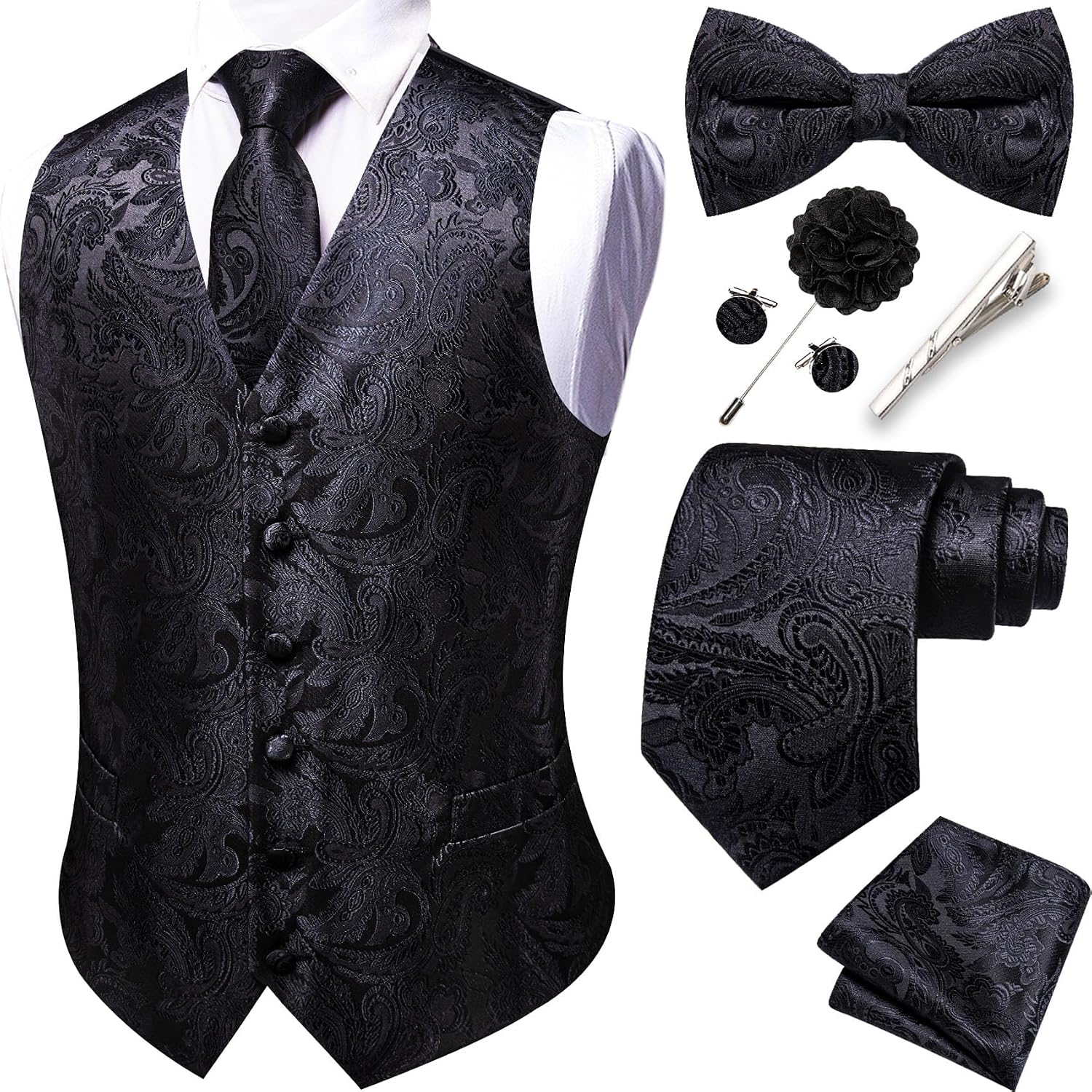 Men's Eight-Piece Suit Vest Set - Jacquard Waistcoat with Tie, Bow Tie, Cufflinks and Lapel Pin - Large (26)