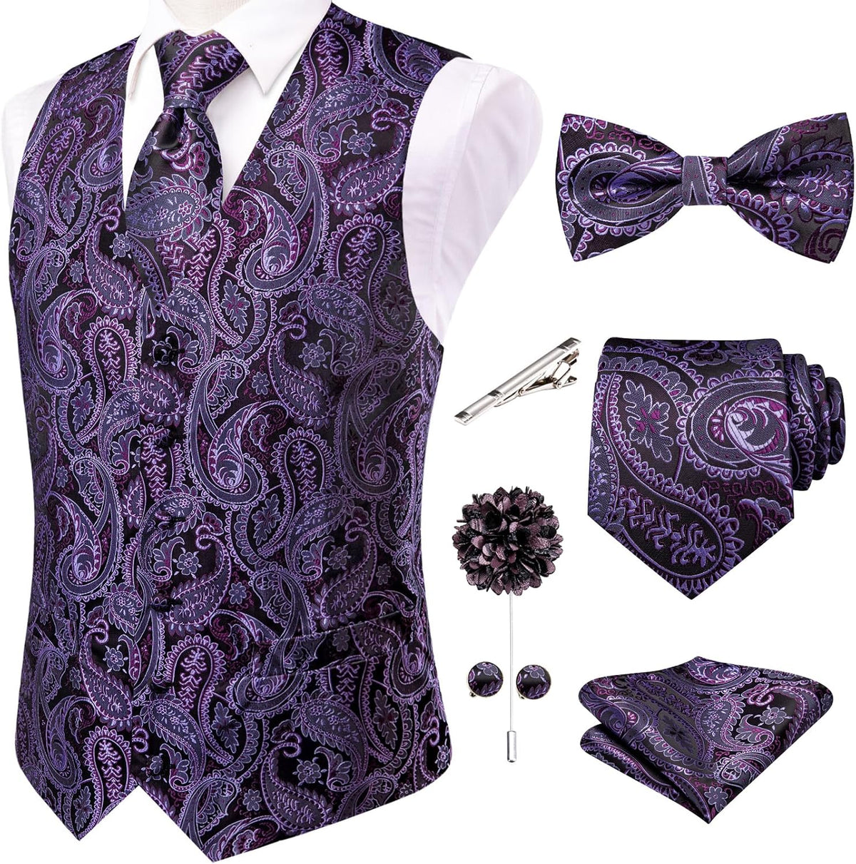 Men's Silk Jacquard Suit Vest Set - Five-Piece Slim Fit Waistcoat, Tie and Bow Tie for Weddings - Large