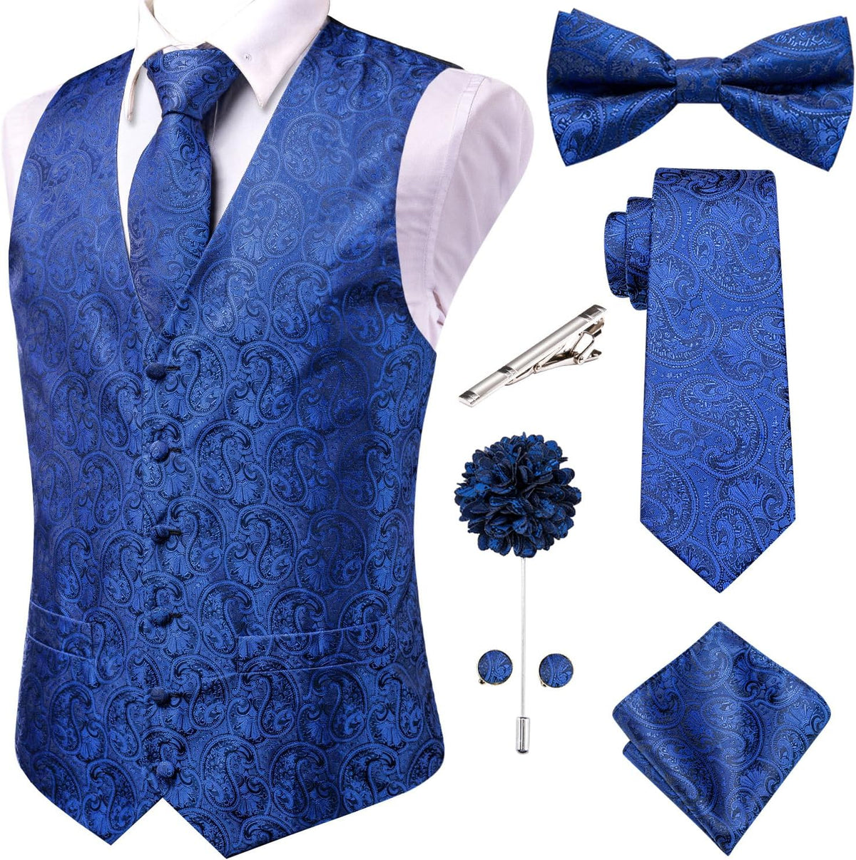 Men's Silk Jacquard Suit Vest Set - Five-Piece Slim Fit Waistcoat, Tie and Bow Tie for Weddings - XX-Large