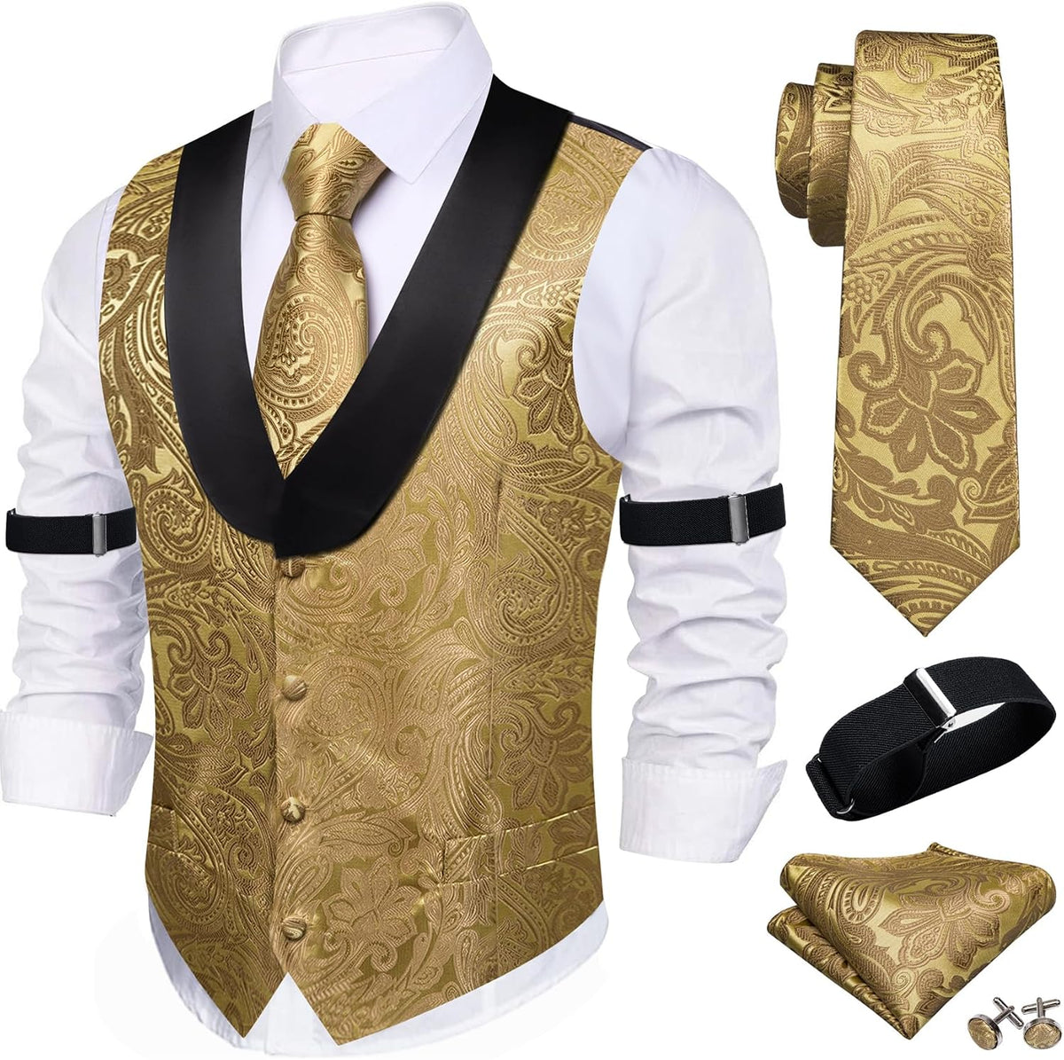 Men's Silk Paisley Suit Vest Set - Five-Piece Shawl Collar Waistcoat with Tie, Handkerchief and Cufflinks - Small
