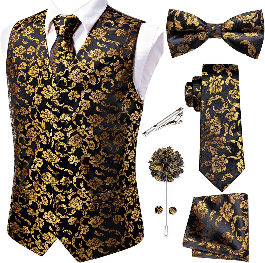 Men's Silk Jacquard Suit Vest Set - Five-Piece Slim Fit Waistcoat, Tie and Bow Tie for Weddings - Large