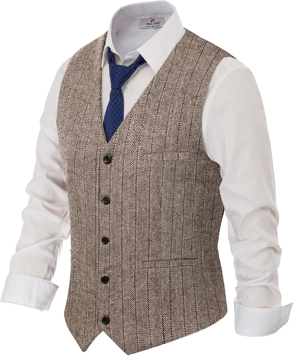 Men's Tweed Suit Vest - Vintage Herringbone Wool-Blend Waistcoat with V Neck and Five Buttons - Small
