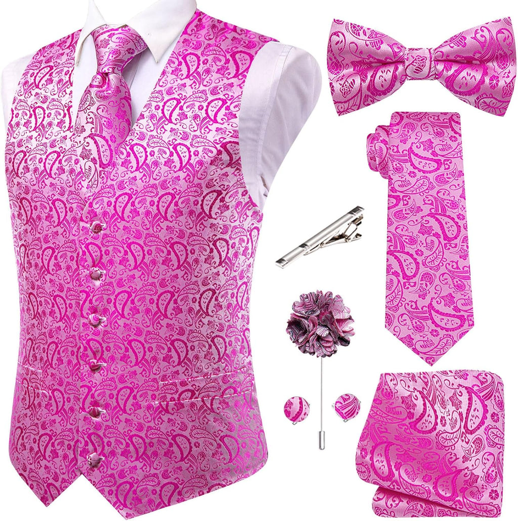 Men's Silk Jacquard Suit Vest Set - Five-Piece Slim Fit Waistcoat, Tie and Bow Tie for Weddings - Large