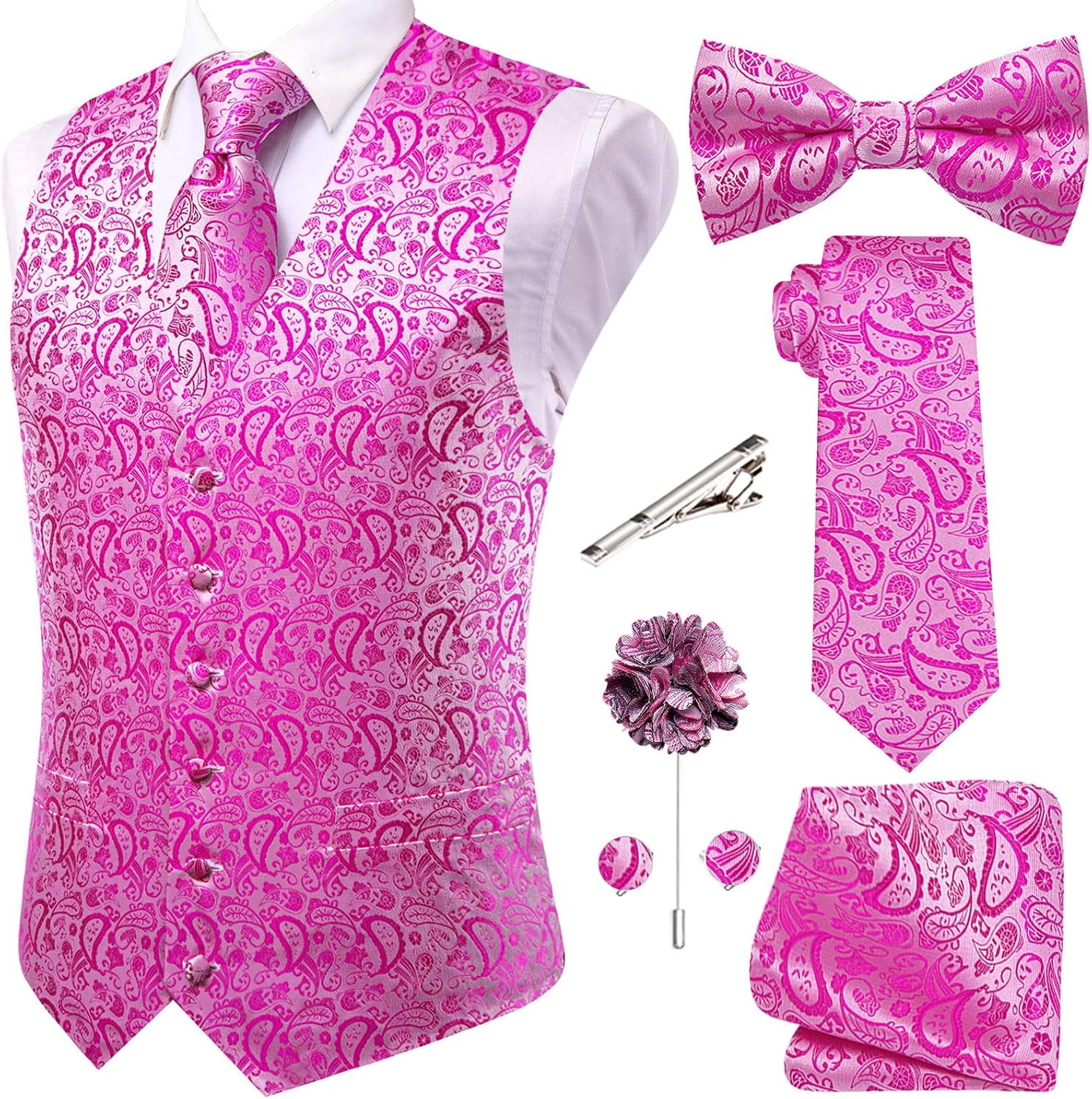 Men's Silk Jacquard Suit Vest Set - Five-Piece Slim Fit Waistcoat, Tie and Bow Tie for Weddings - Large