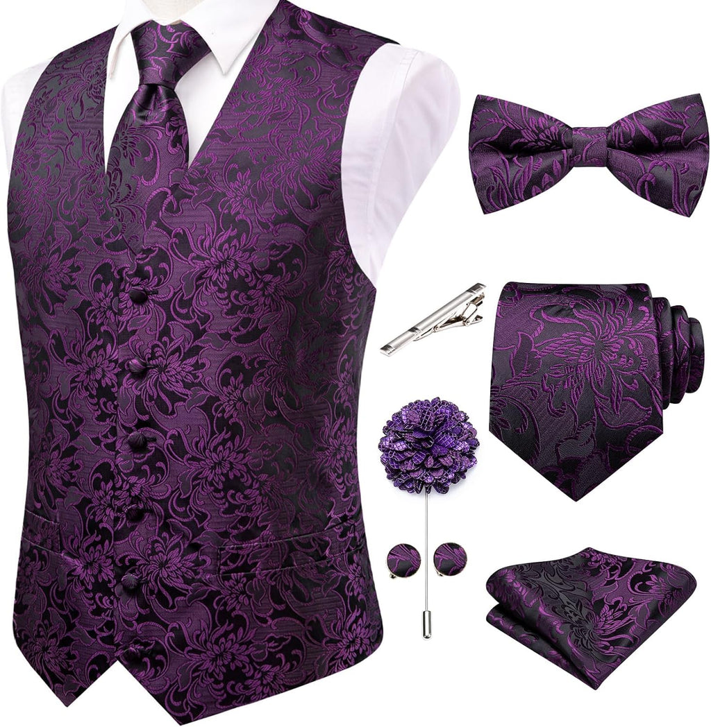 Men's Silk Jacquard Suit Vest Set - Five-Piece Slim Fit Waistcoat, Tie and Bow Tie for Weddings - Large (26)