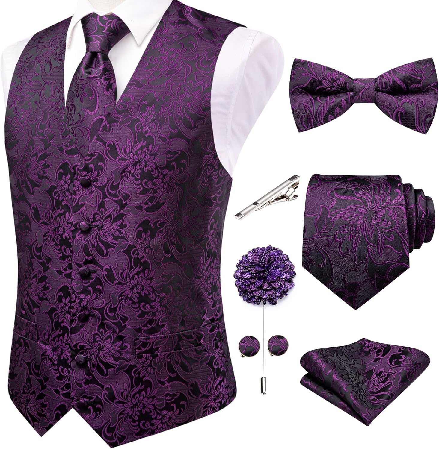 Men's Silk Jacquard Suit Vest Set - Five-Piece Slim Fit Waistcoat, Tie and Bow Tie for Weddings - Large (26)