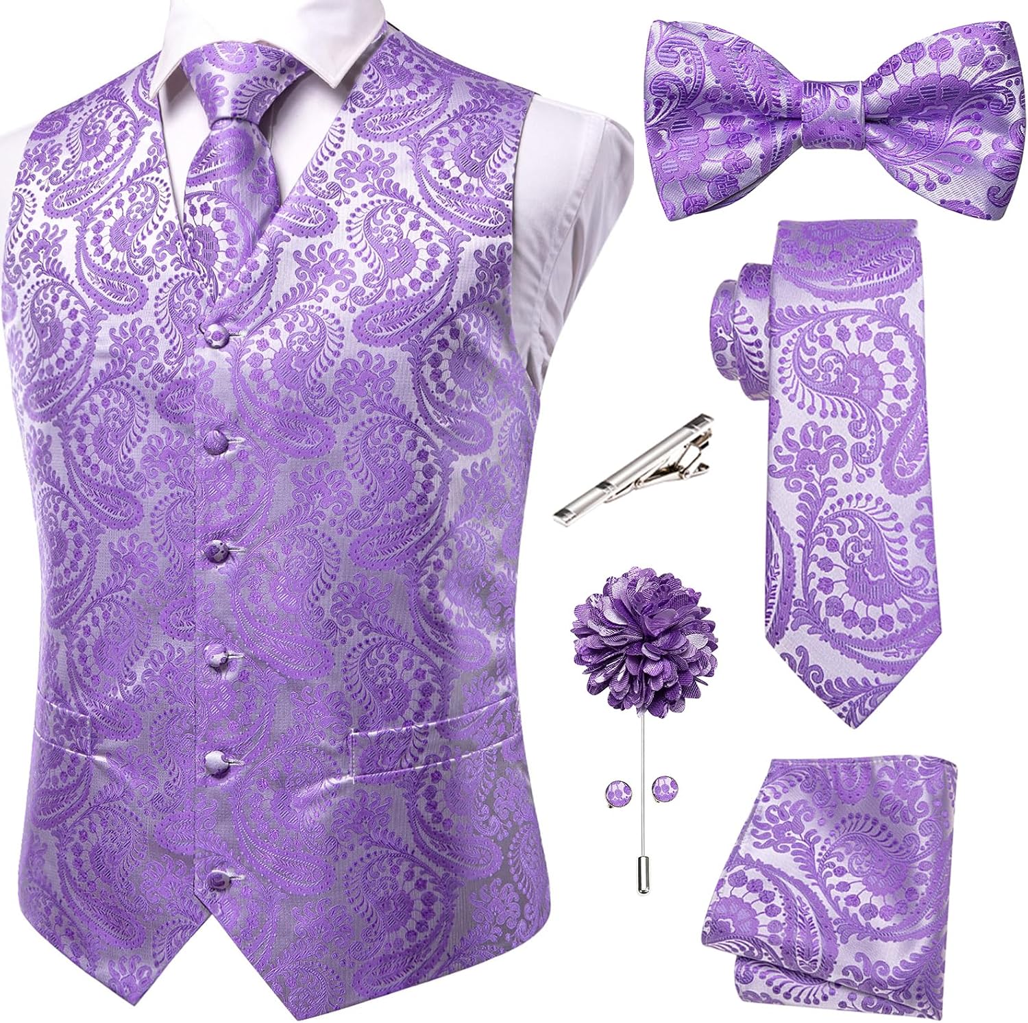 Men's Silk Jacquard Suit Vest Set - Five-Piece Slim Fit Waistcoat, Tie and Bow Tie for Weddings - Small
