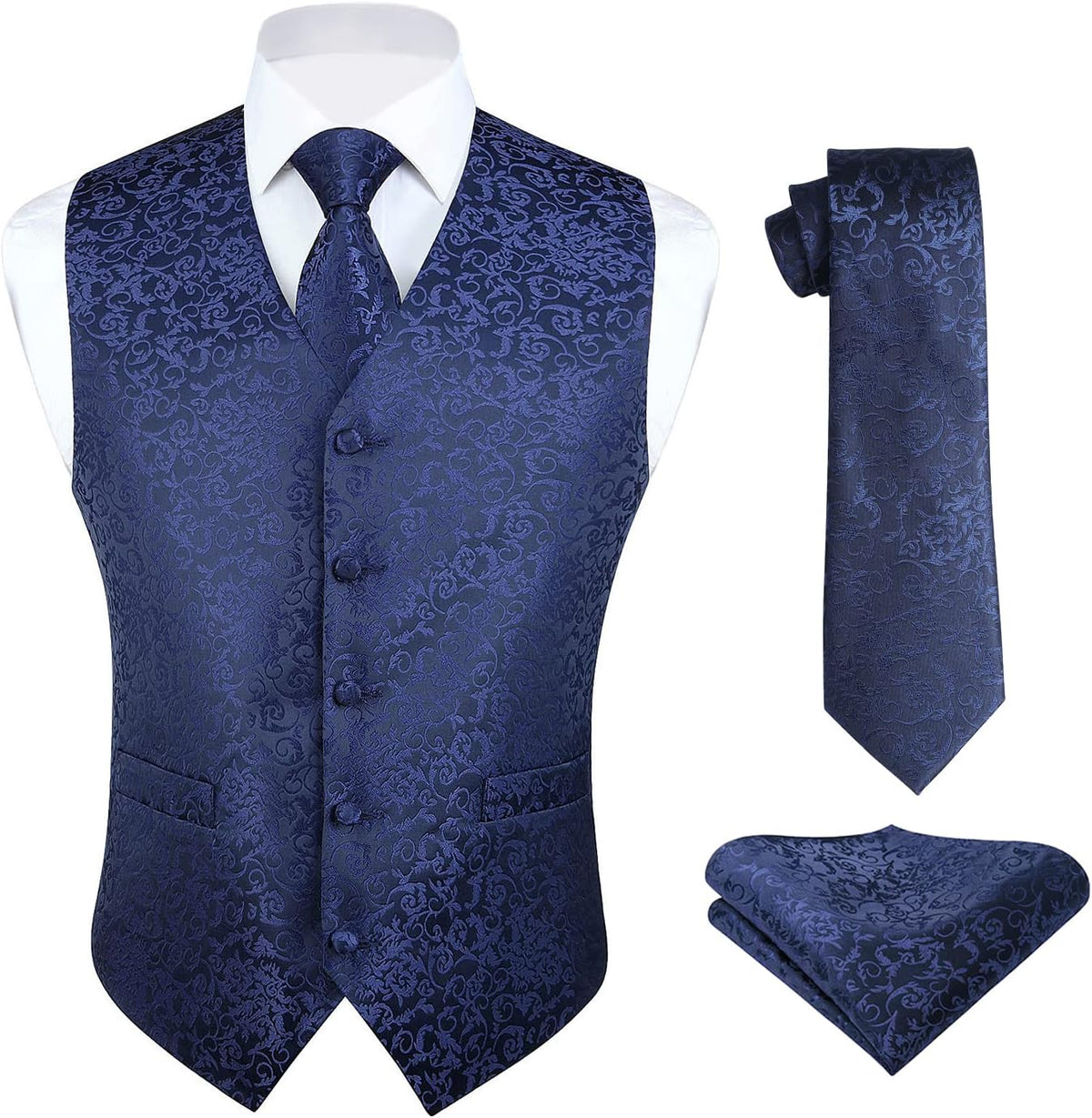 Men's Three-Piece Vest and Tie Set - Paisley Jacquard Waistcoat with Necktie and Pocket Square - Small (13)