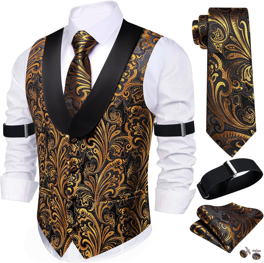 Men's Silk Paisley Suit Vest Set - Five-Piece Shawl Collar Waistcoat with Tie, Handkerchief and Cufflinks - Small