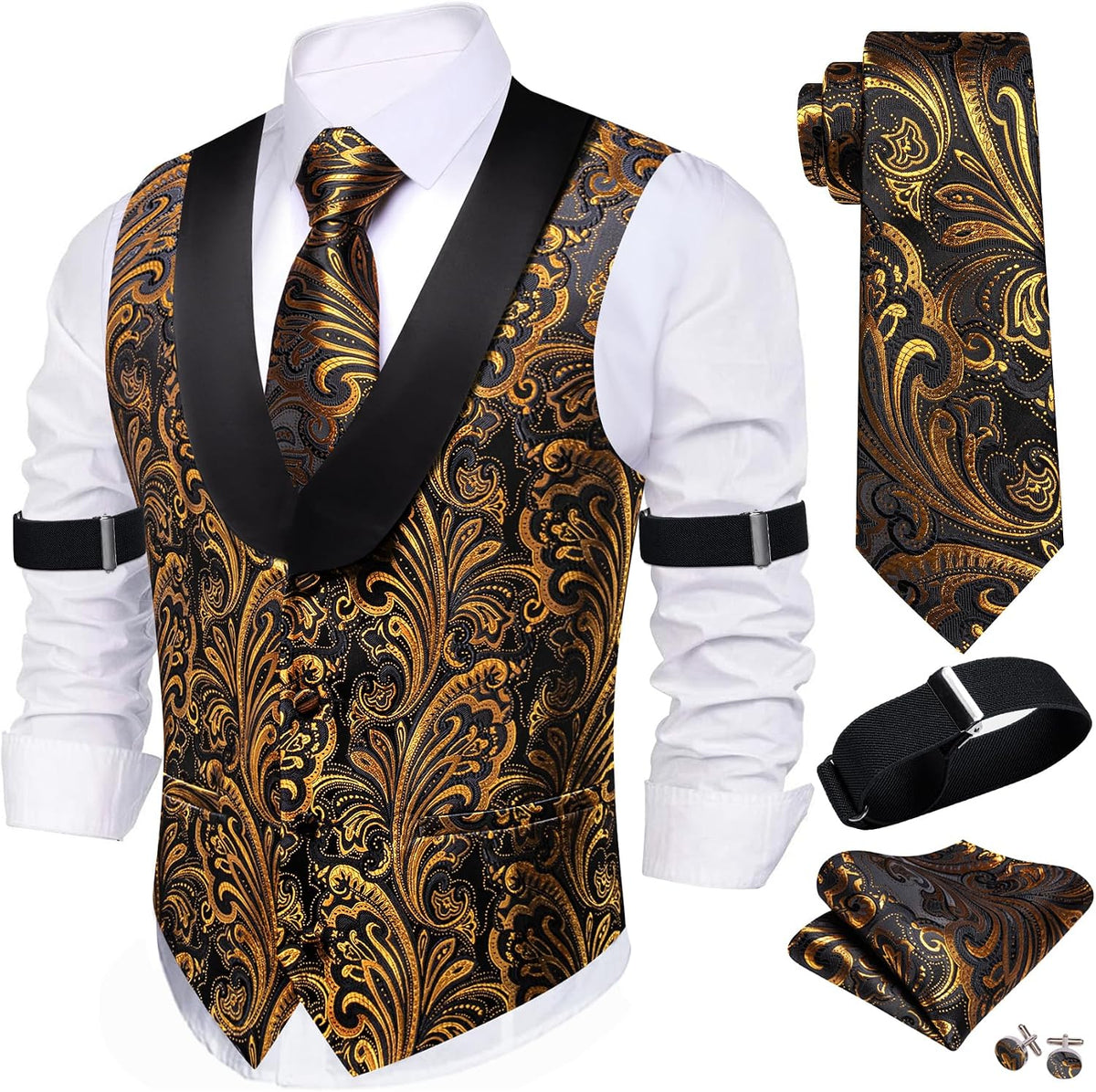 Men's Silk Paisley Suit Vest Set - Five-Piece Shawl Collar Waistcoat with Tie, Handkerchief and Cufflinks - Small