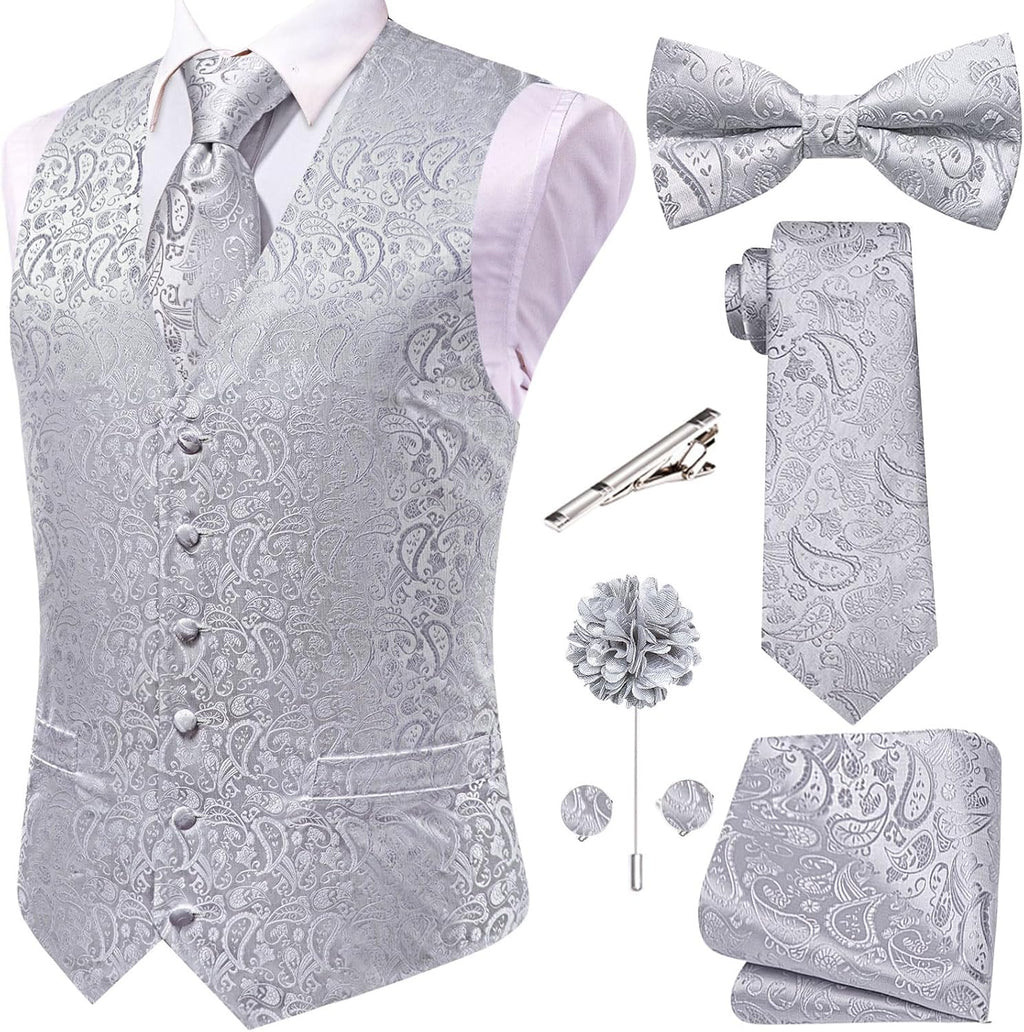 Men's Silk Jacquard Suit Vest Set - Five-Piece Slim Fit Waistcoat, Tie and Bow Tie for Weddings - XX-Large