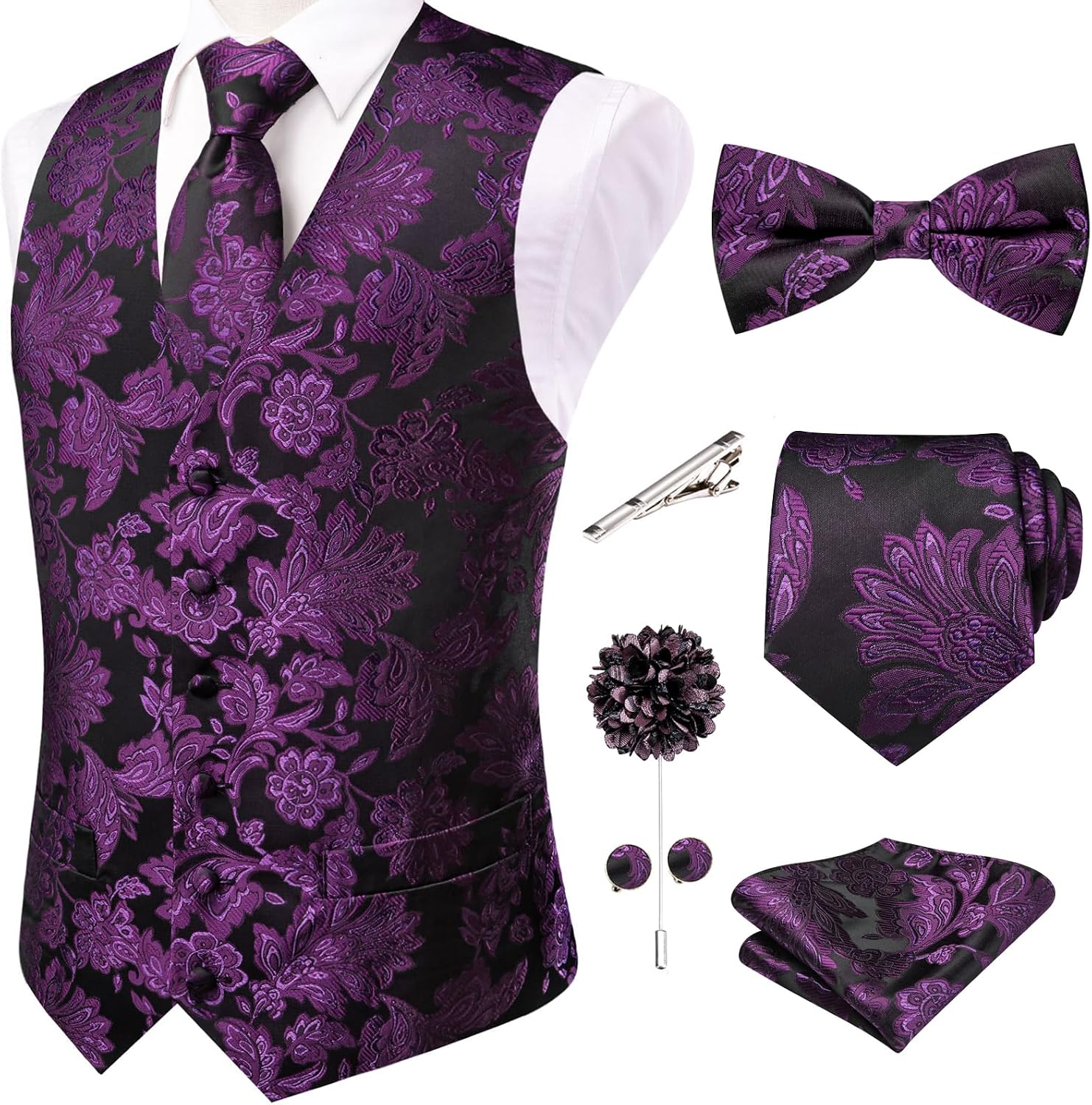 Men's Silk Jacquard Suit Vest Set - Five-Piece Slim Fit Waistcoat, Tie and Bow Tie for Weddings - Large (25)
