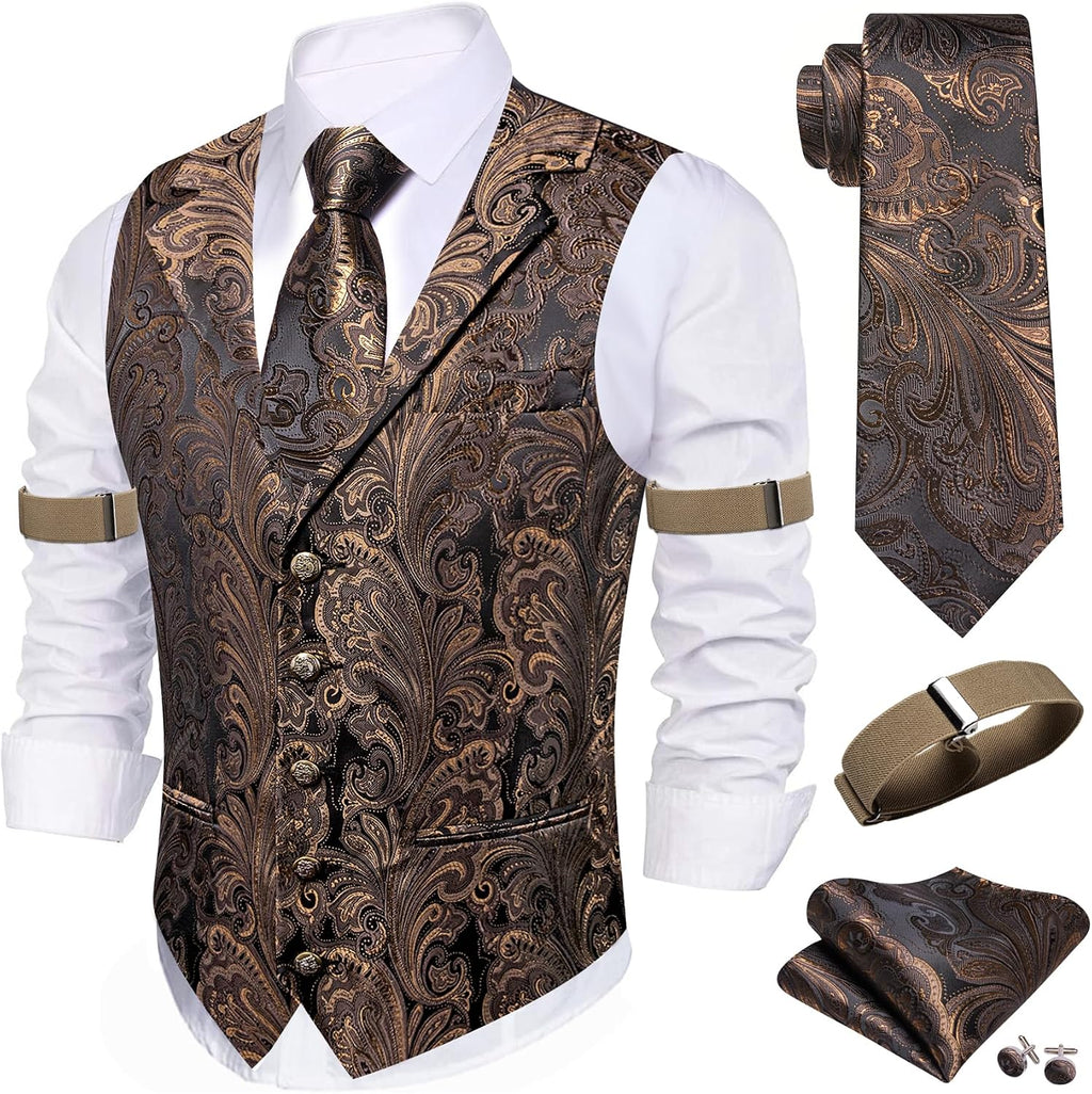Men's Silk Paisley Suit Vest Set - Five-Piece Shawl Collar Waistcoat with Tie, Handkerchief and Cufflinks - Large (30)