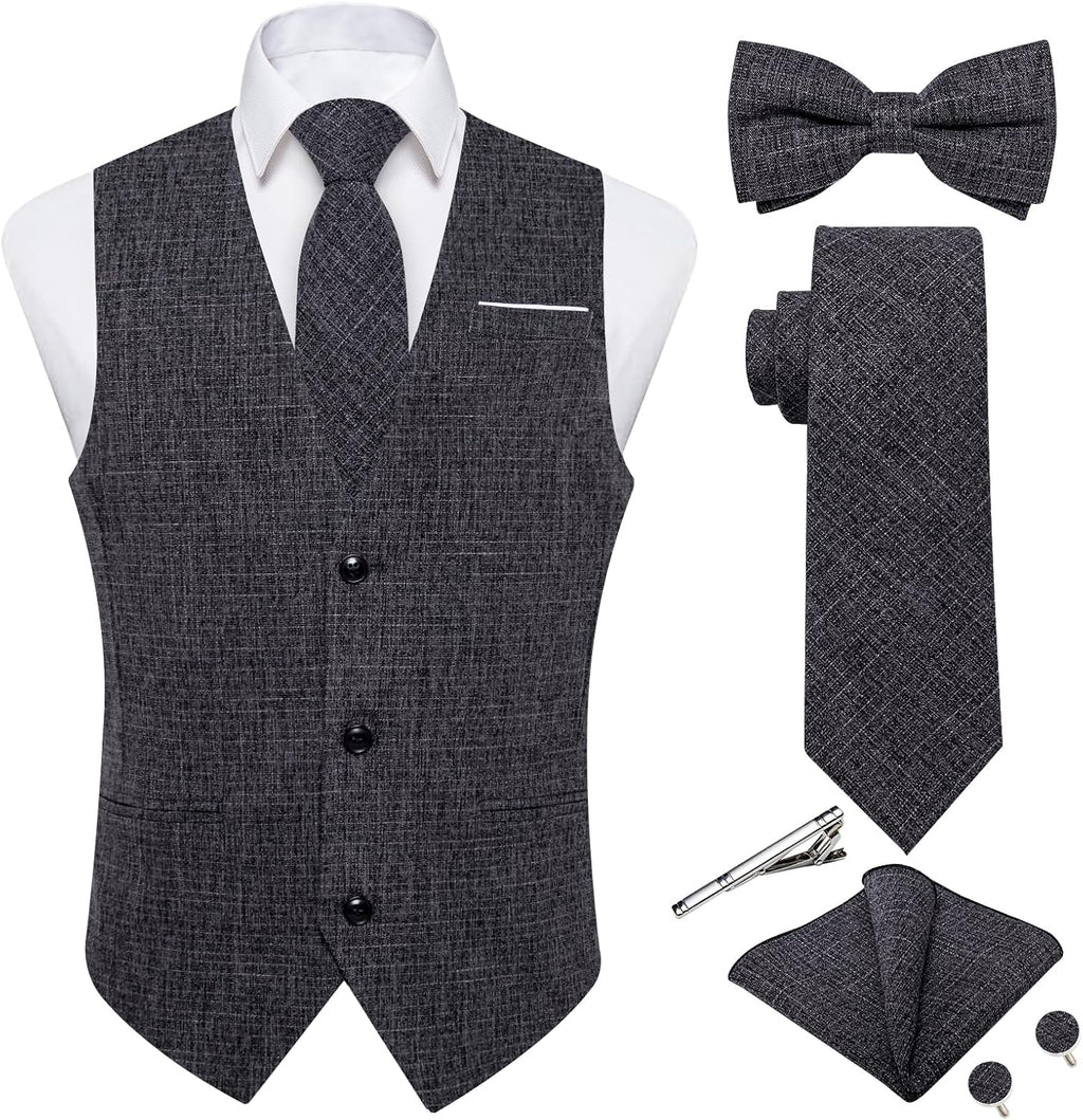 Men's Linen Suit Vest Set - Six-Piece Solid Waistcoat with Tie and Bow Tie for Weddings and Prom - Large (20)