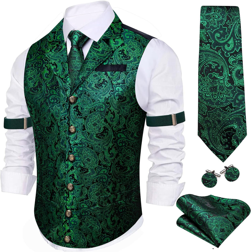 Men's Silk Paisley Suit Vest Set - Five-Piece Shawl Collar Waistcoat with Tie, Handkerchief and Cufflinks - Large (29)