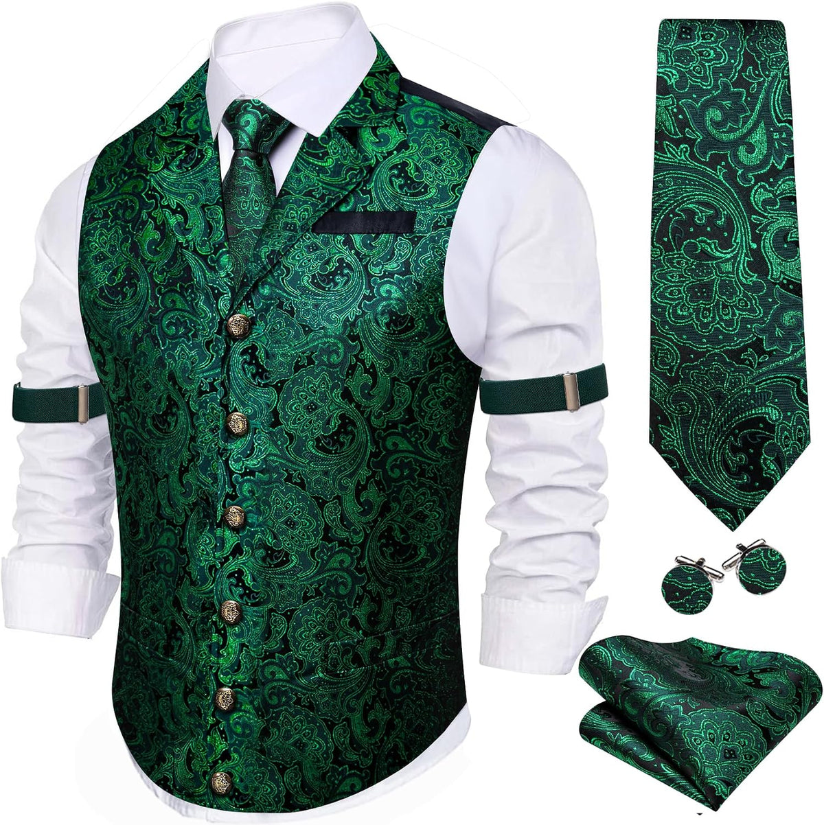 Men's Silk Paisley Suit Vest Set - Five-Piece Shawl Collar Waistcoat with Tie, Handkerchief and Cufflinks - Large (29)