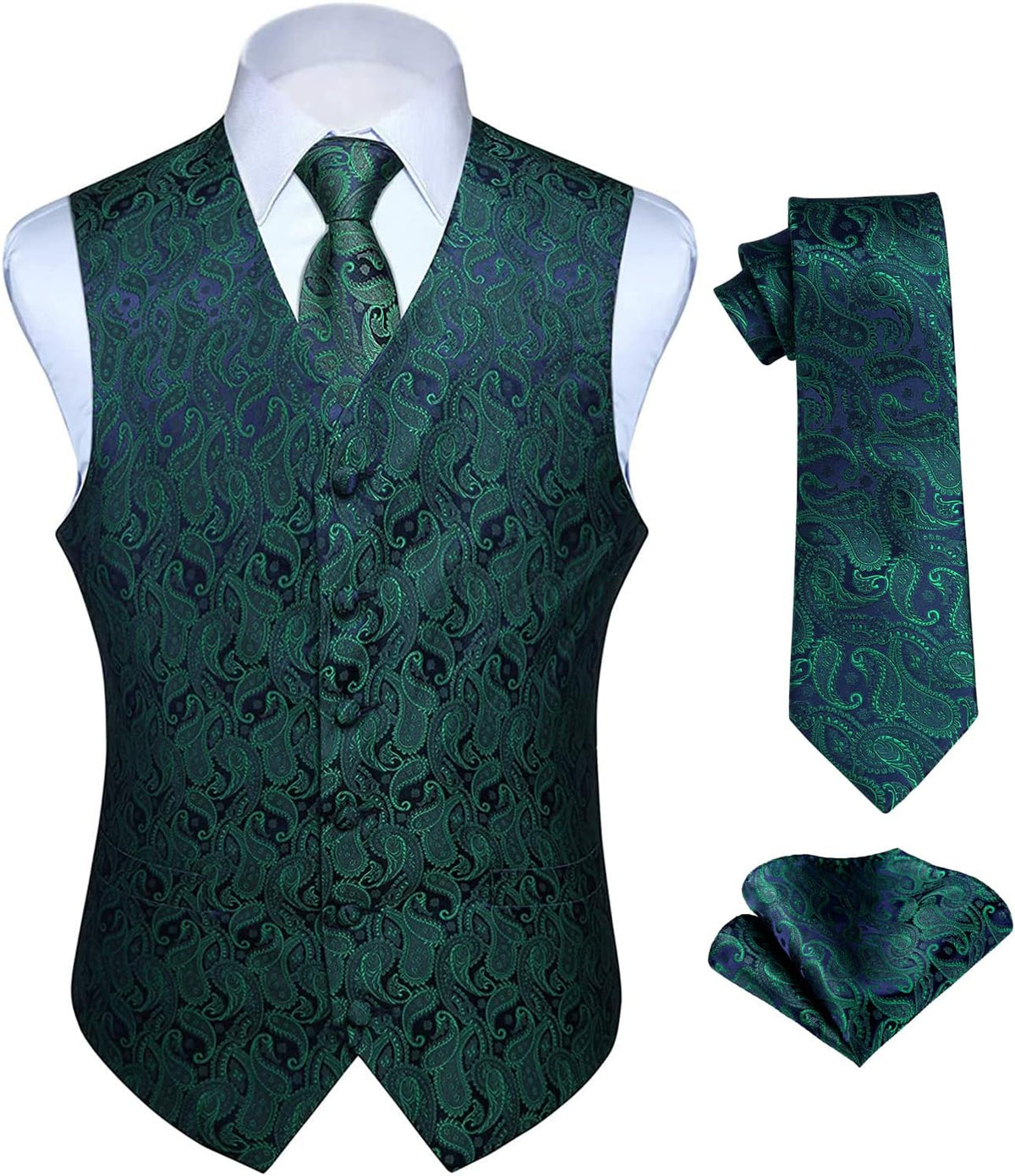 Men's Three-Piece Vest and Tie Set - Paisley Jacquard Waistcoat with Necktie and Pocket Square - Small