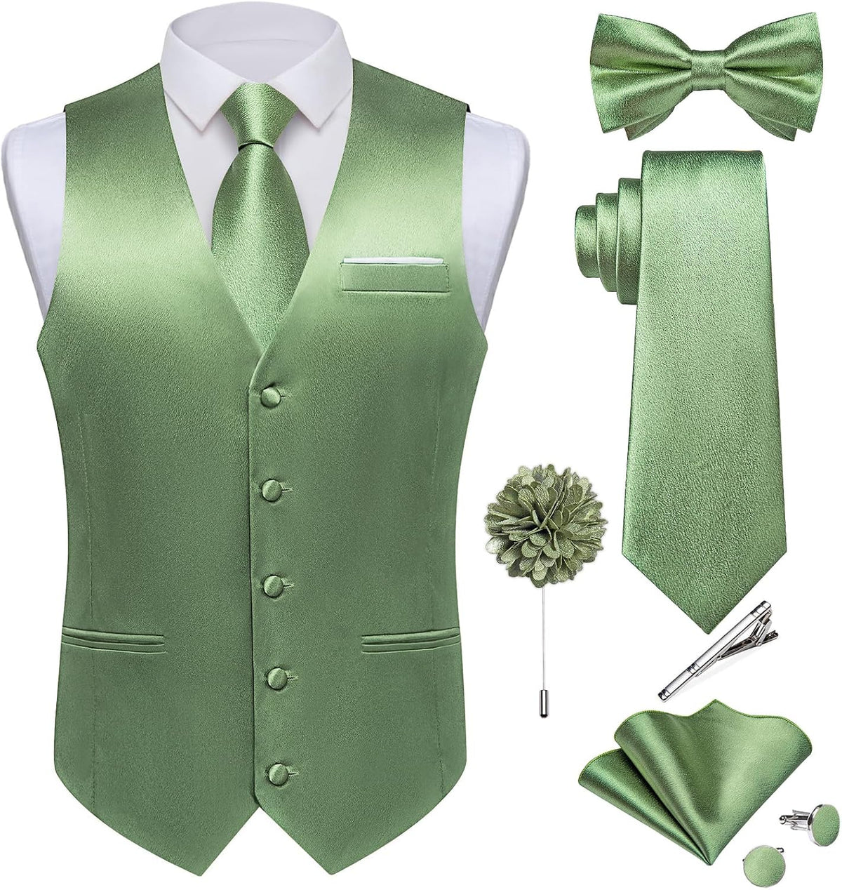 Men's Satin Suit Vest and Tie Set - Eight-Piece Solid Waistcoat, Bow Tie and Lapel Pin for Weddings - Small
