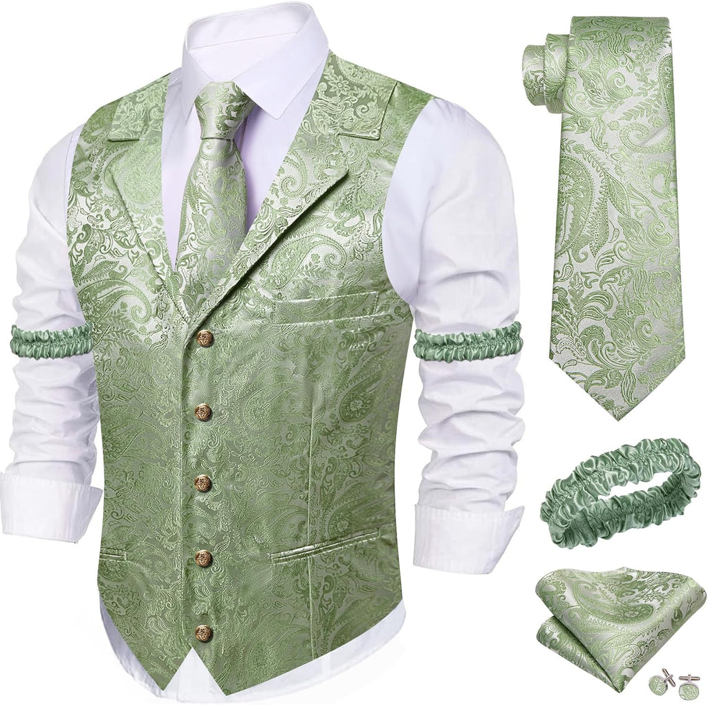 Men's Silk Paisley Suit Vest Set - Five-Piece Shawl Collar Waistcoat with Tie, Handkerchief and Cufflinks - Medium