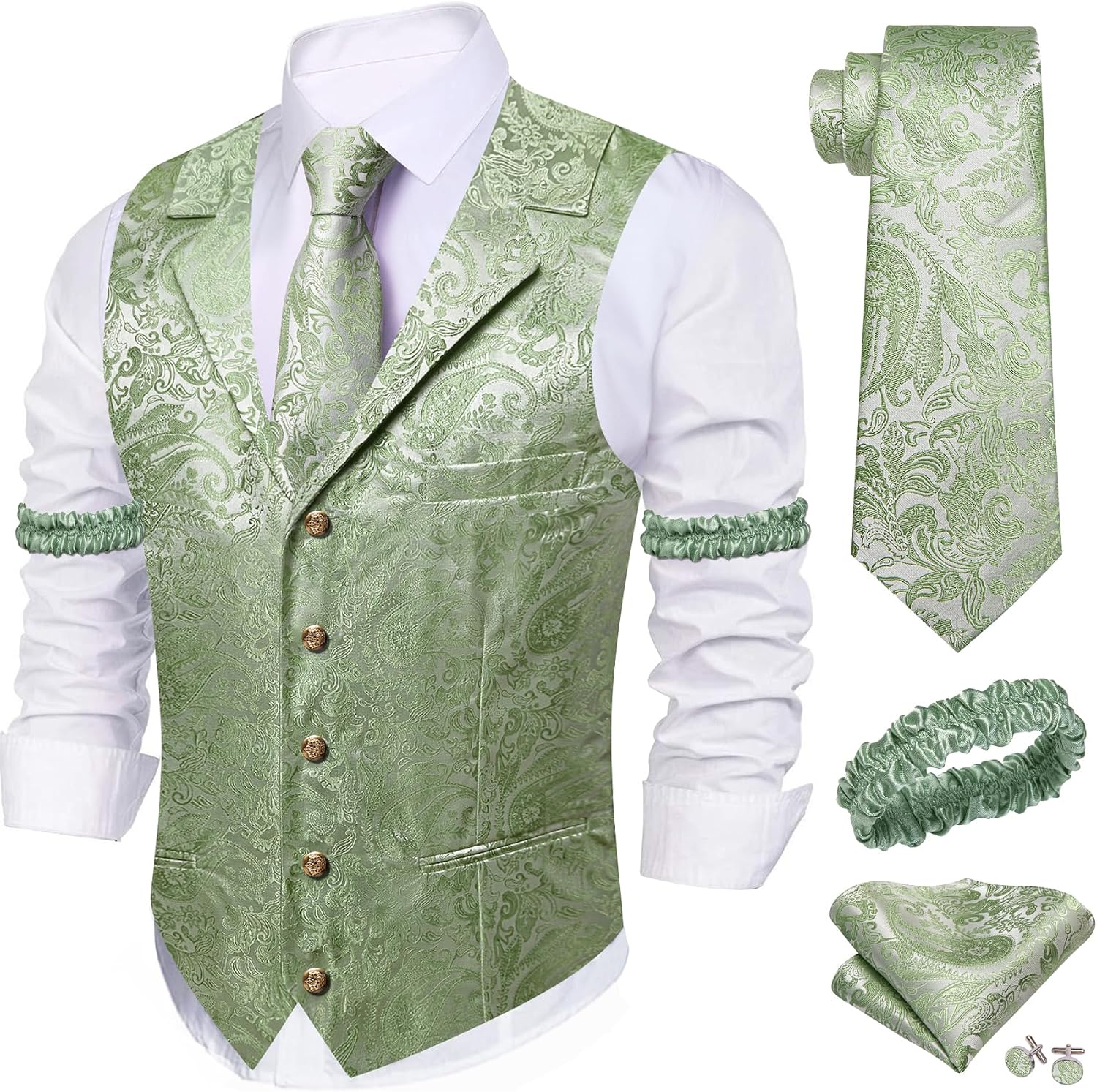 Men's Silk Paisley Suit Vest Set - Five-Piece Shawl Collar Waistcoat with Tie, Handkerchief and Cufflinks - Medium