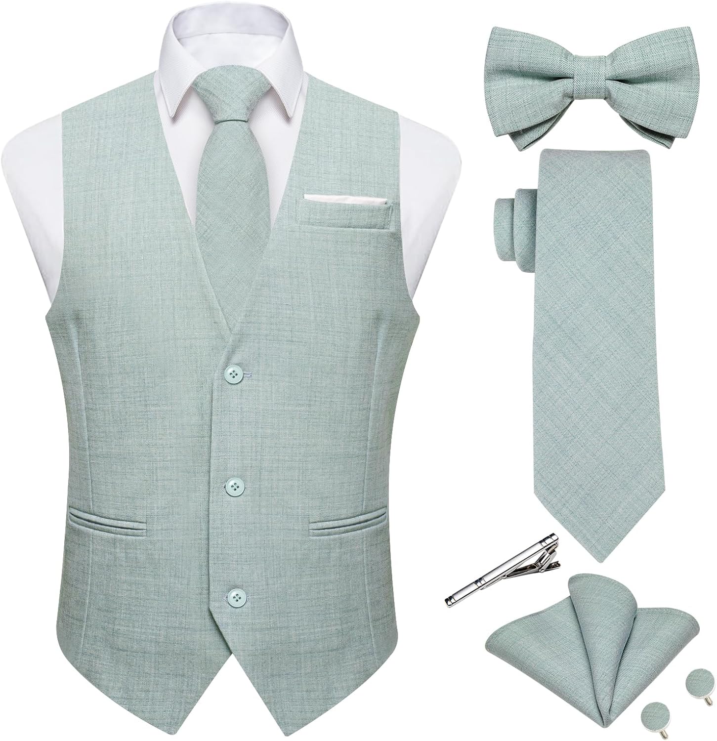 Men's Linen Suit Vest Set - Six-Piece Solid Waistcoat with Tie and Bow Tie for Weddings and Prom - Large