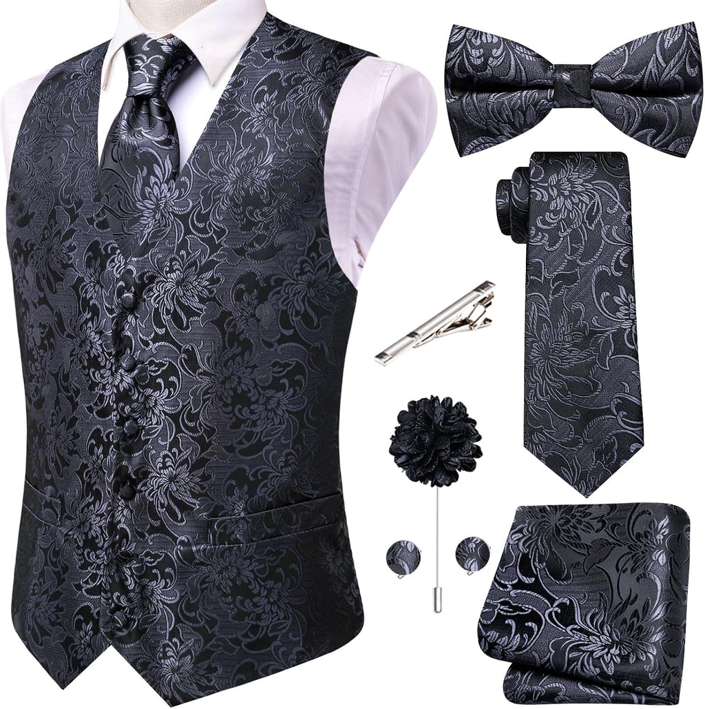 Men's Silk Jacquard Suit Vest Set - Five-Piece Slim Fit Waistcoat, Tie and Bow Tie for Weddings - XX-Large