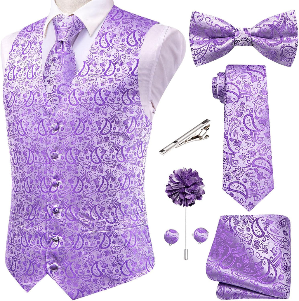 Men's Silk Jacquard Suit Vest Set - Five-Piece Slim Fit Waistcoat, Tie and Bow Tie for Weddings - Large (27)