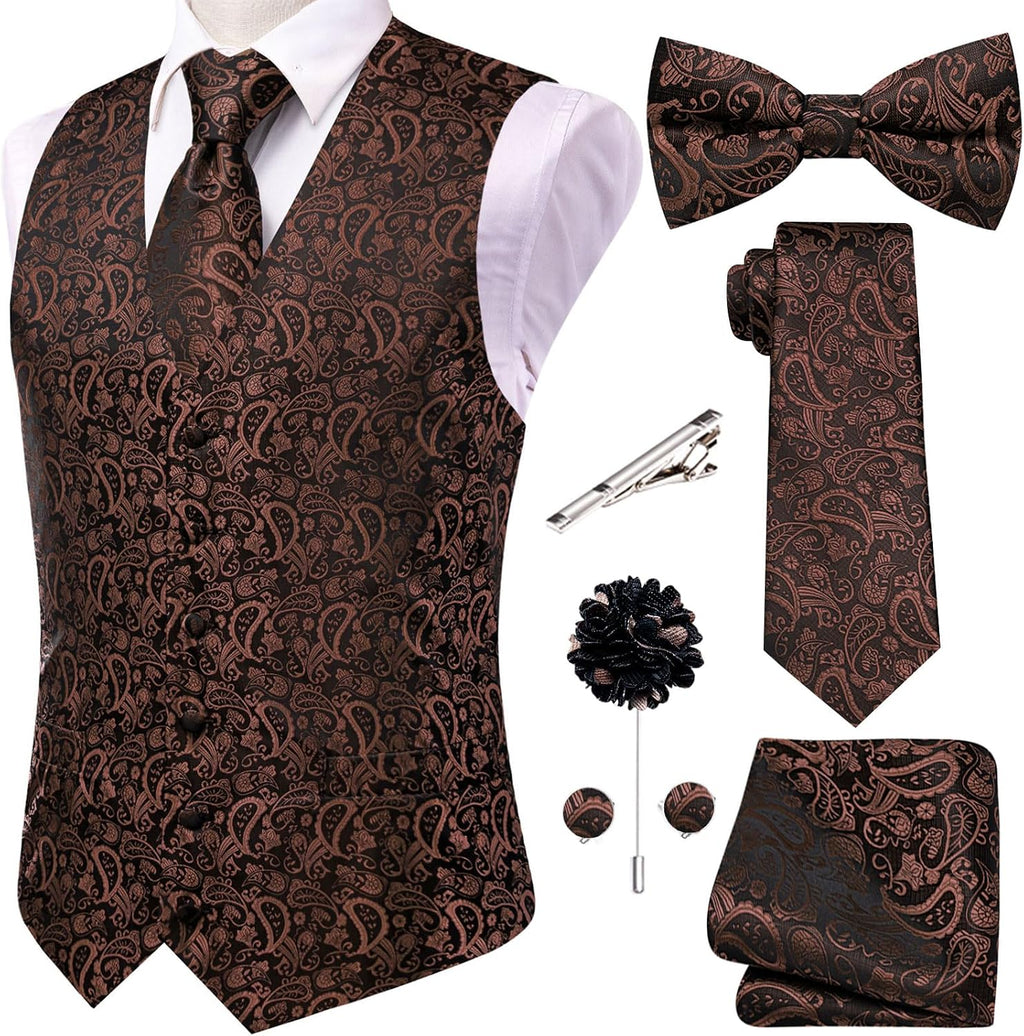 Men's Silk Jacquard Suit Vest Set - Five-Piece Slim Fit Waistcoat, Tie and Bow Tie for Weddings - Medium