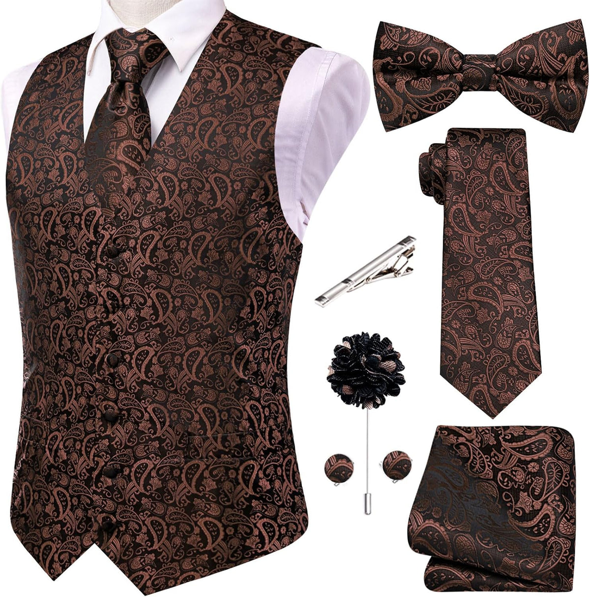 Men's Silk Jacquard Suit Vest Set - Five-Piece Slim Fit Waistcoat, Tie and Bow Tie for Weddings - Medium