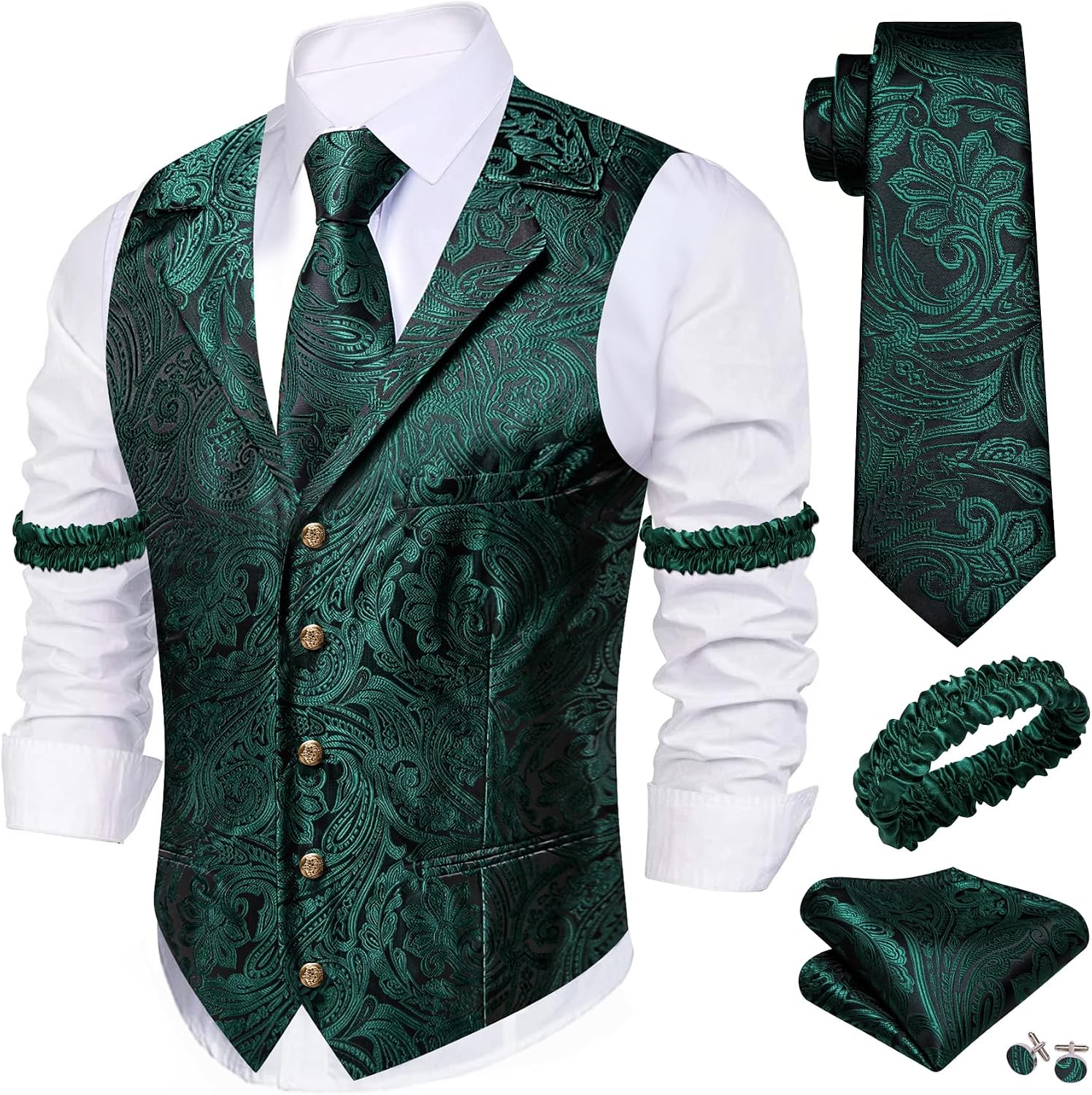 Men's Silk Paisley Suit Vest Set - Five-Piece Shawl Collar Waistcoat with Tie, Handkerchief and Cufflinks - Small