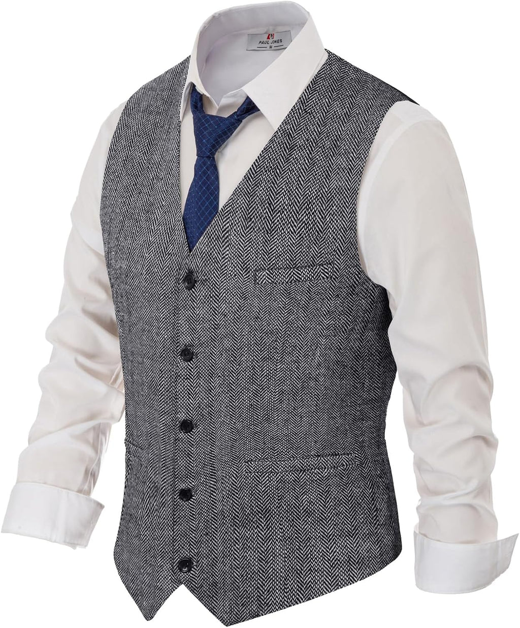 Men's Tweed Suit Vest - Vintage Herringbone Wool-Blend Waistcoat with V Neck and Five Buttons - Medium
