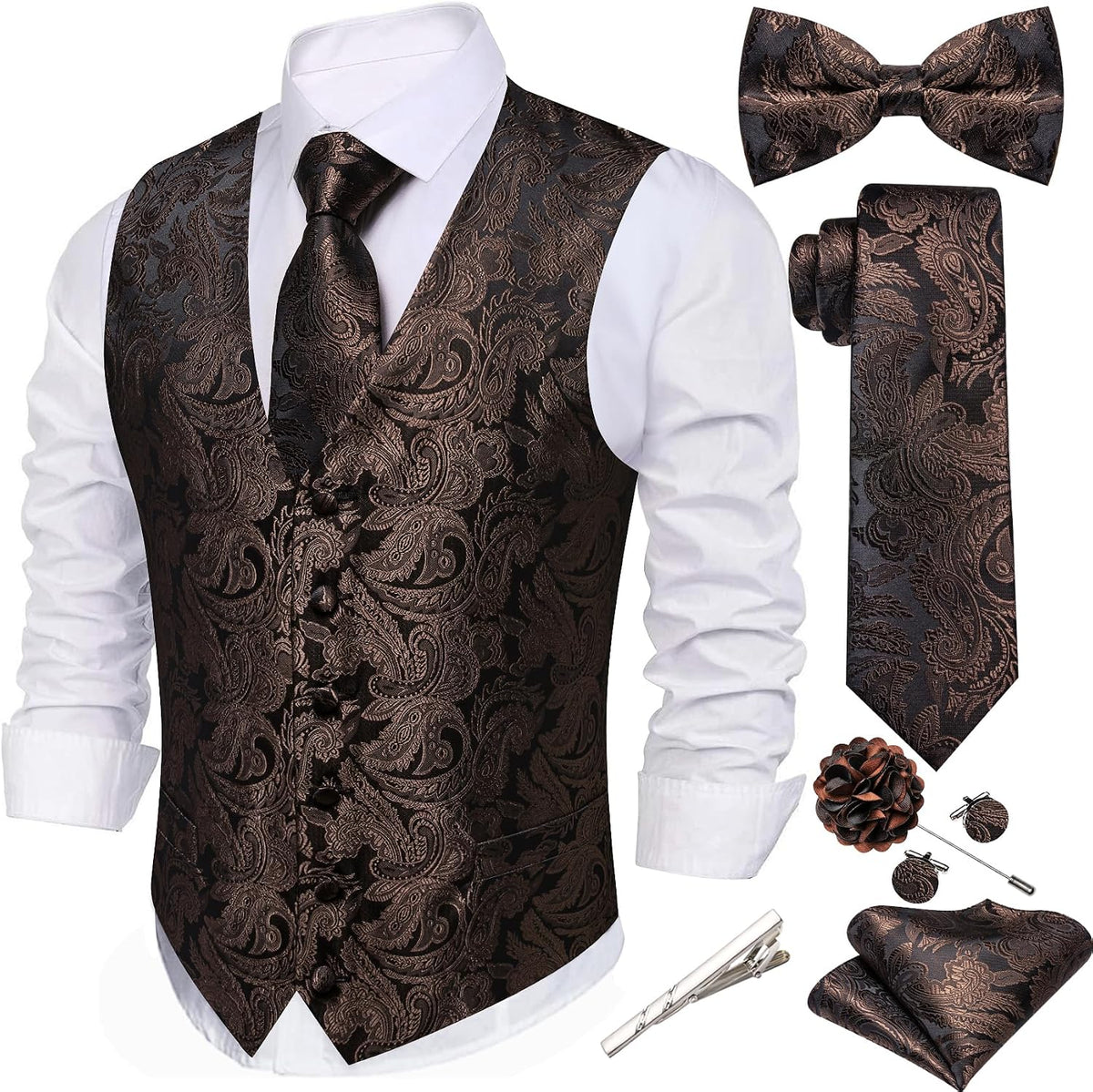 Men's Eight-Piece Suit Vest Set - Jacquard Waistcoat with Tie, Bow Tie, Cufflinks and Lapel Pin - Large
