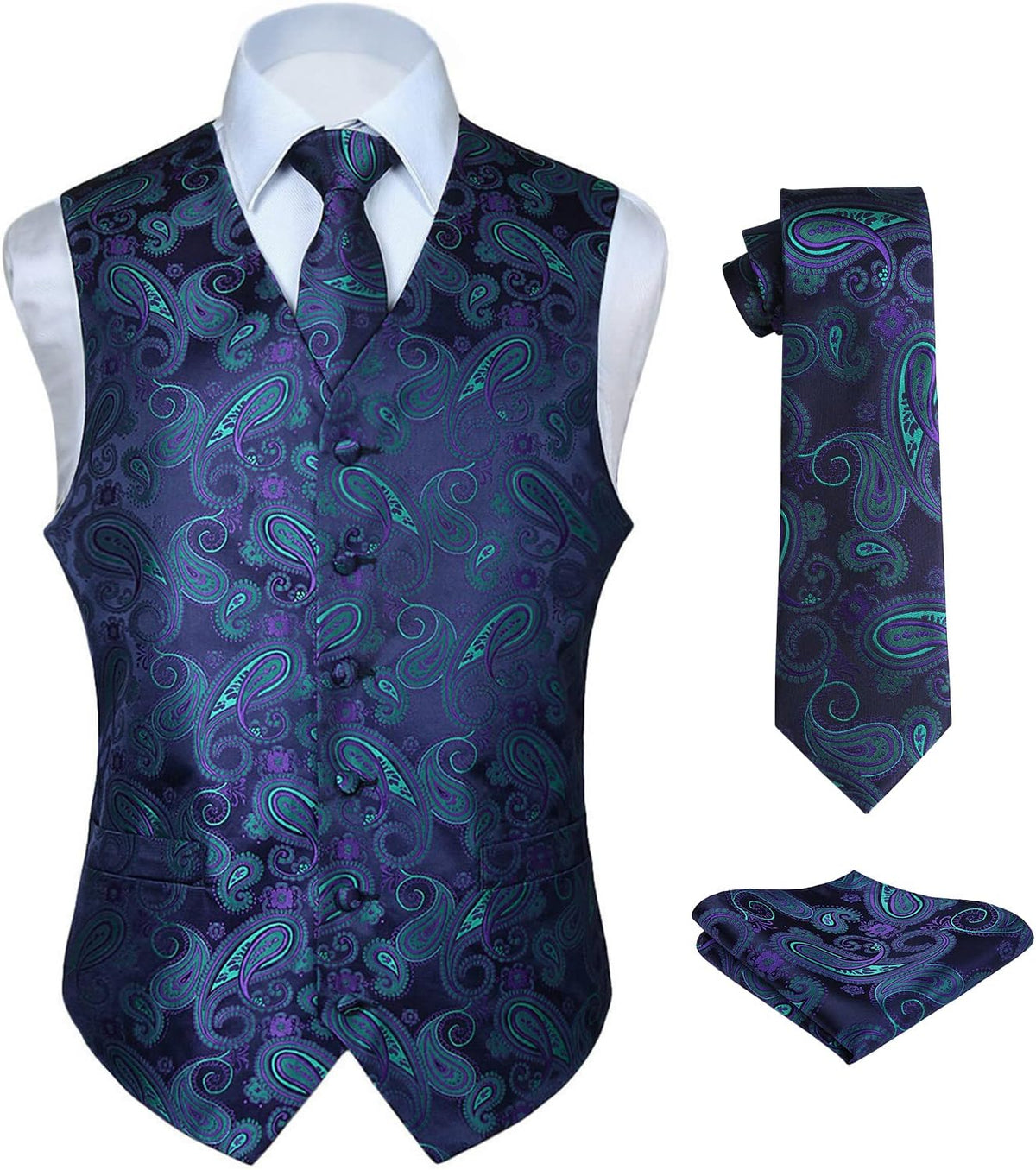Men's Three-Piece Vest and Tie Set - Paisley Jacquard Waistcoat with Necktie and Pocket Square - Large