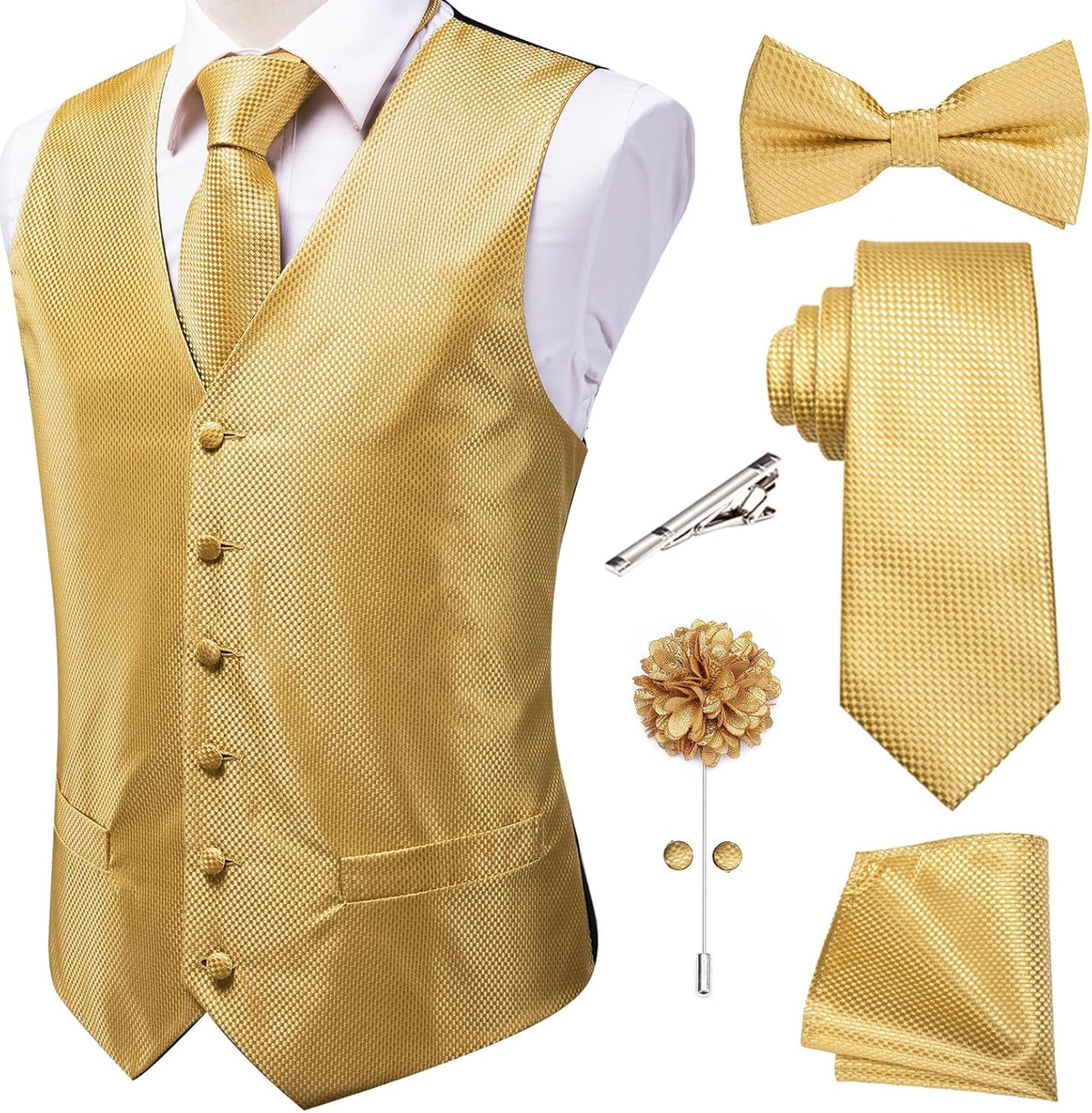 Men's Silk Jacquard Suit Vest Set - Five-Piece Slim Fit Waistcoat, Tie and Bow Tie for Weddings - Small