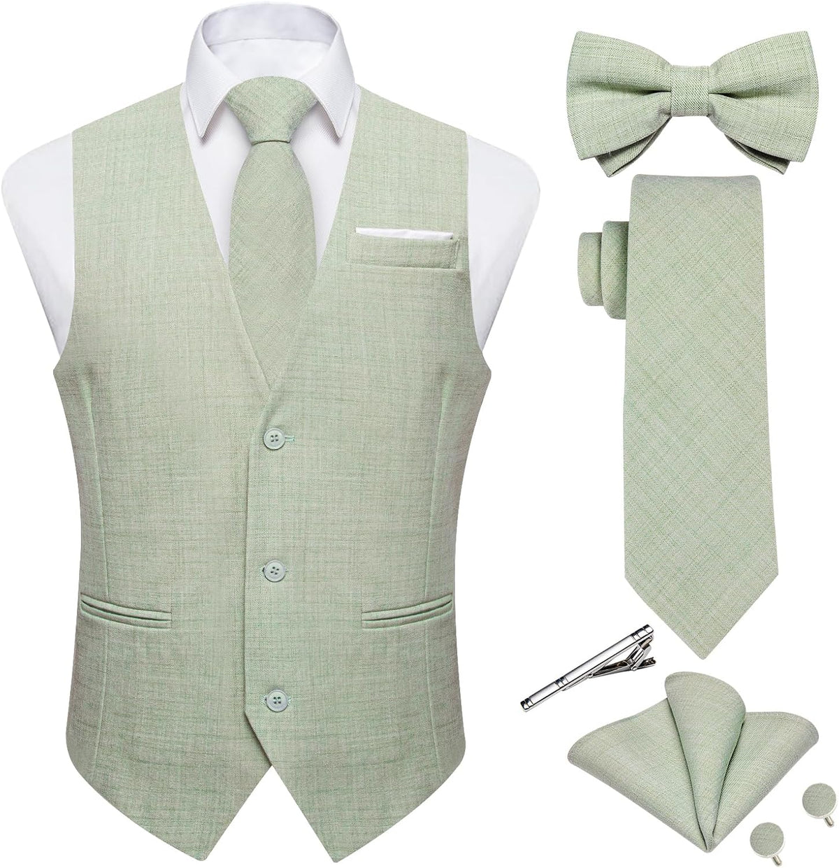 Men's Linen Suit Vest Set - Six-Piece Solid Waistcoat with Tie and Bow Tie for Weddings and Prom - Small