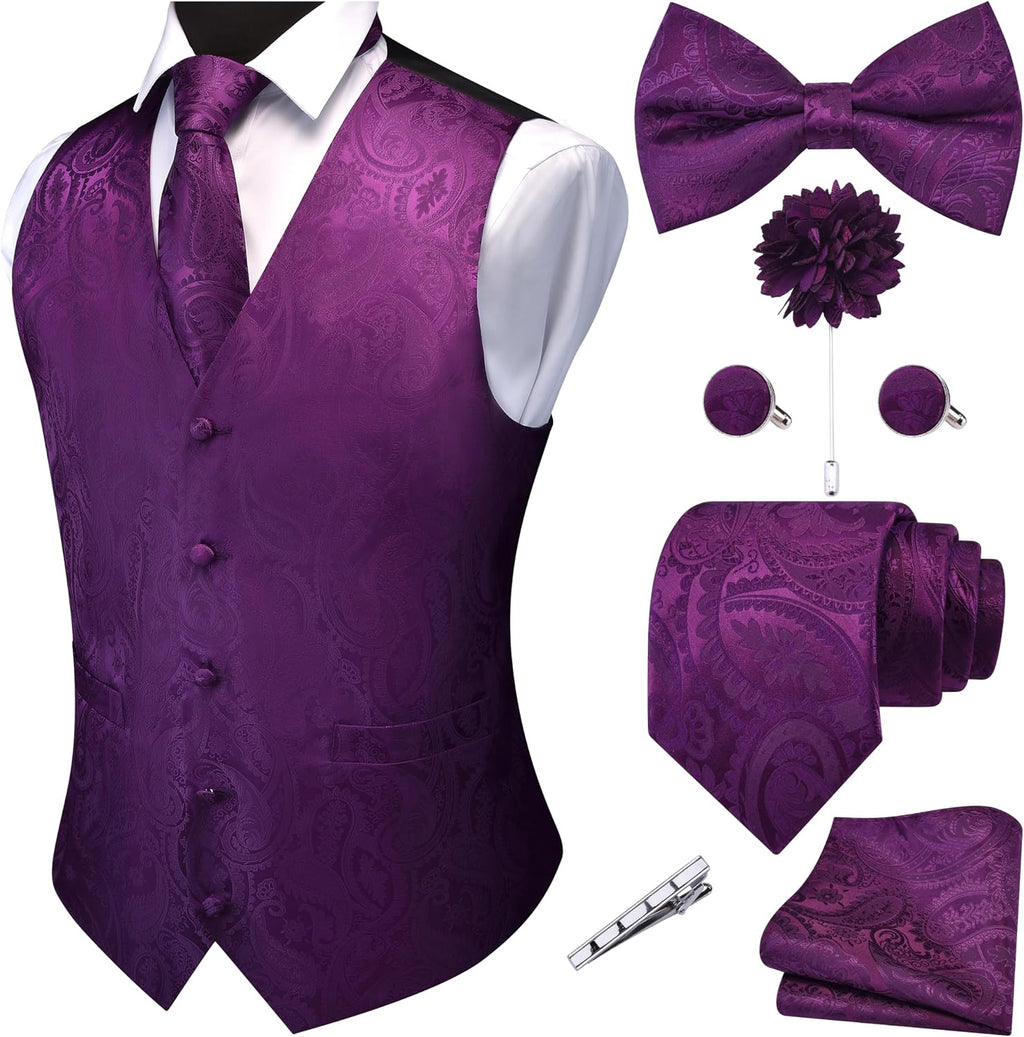 Men's Seven-Piece Suit Vest Set - Paisley Jacquard V-Neck Waistcoat with Tie, Bow Tie and Hanky - Medium