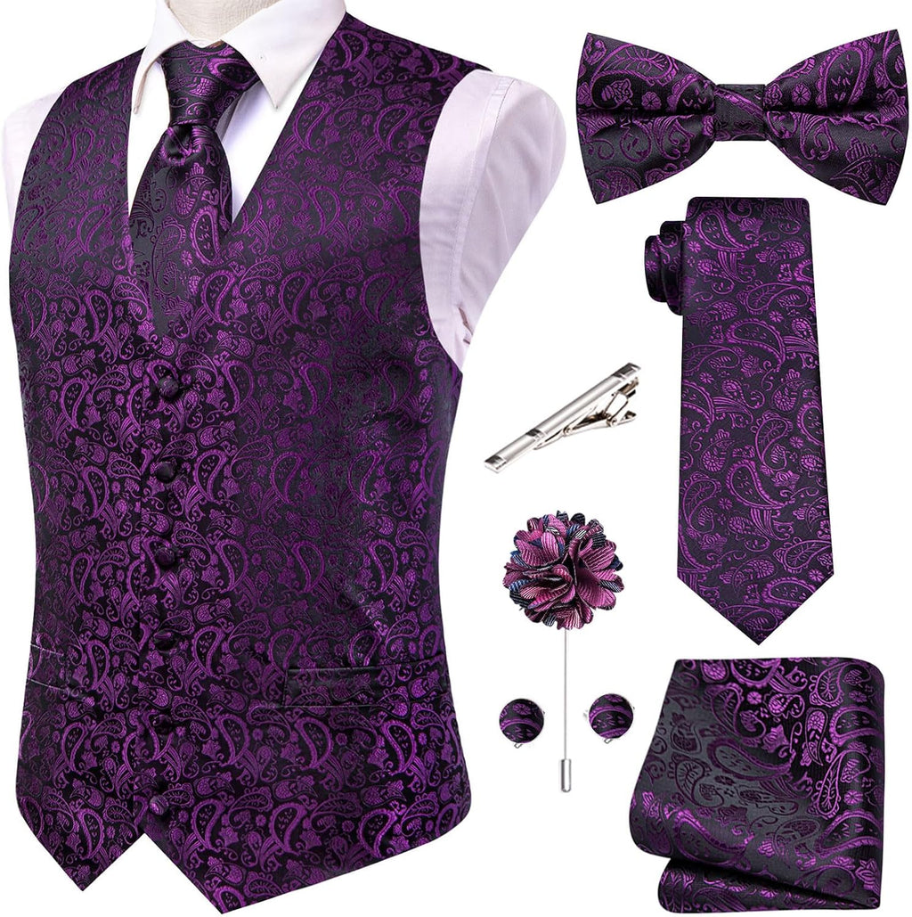 Men's Silk Jacquard Suit Vest Set - Five-Piece Slim Fit Waistcoat, Tie and Bow Tie for Weddings - Small