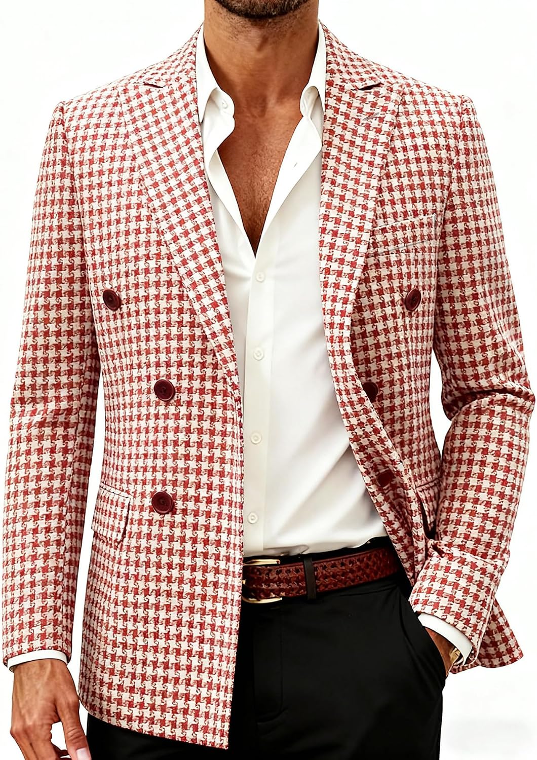 Men's Houndstooth Suit Jacket - Slim Fit Double-Breasted Lapel Coat for Parties and Tuxedo Events - Small