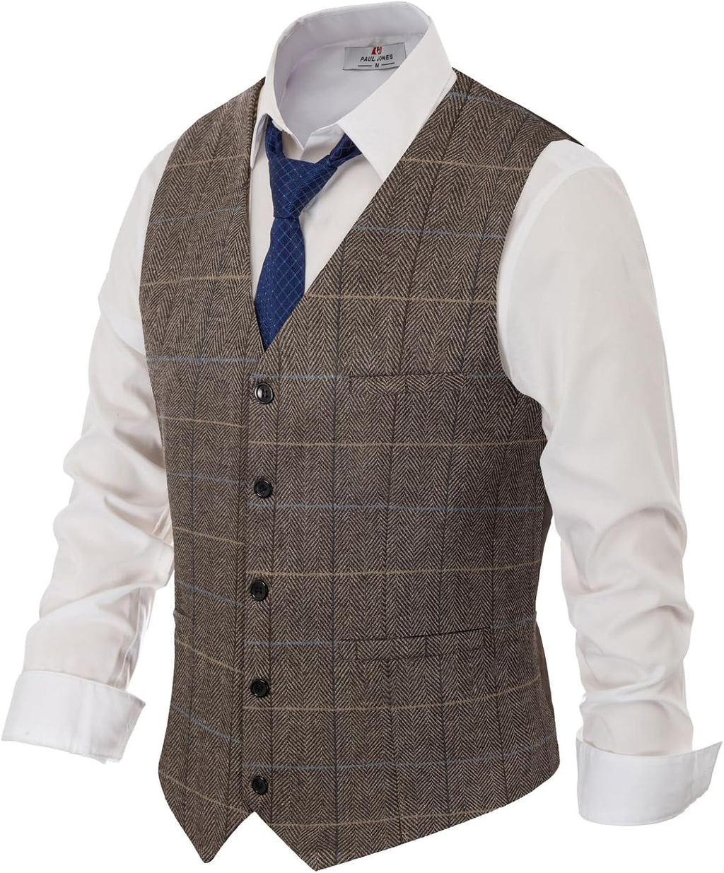 Men's Tweed Suit Vest - Vintage Herringbone Wool-Blend Waistcoat with V Neck and Five Buttons - Small